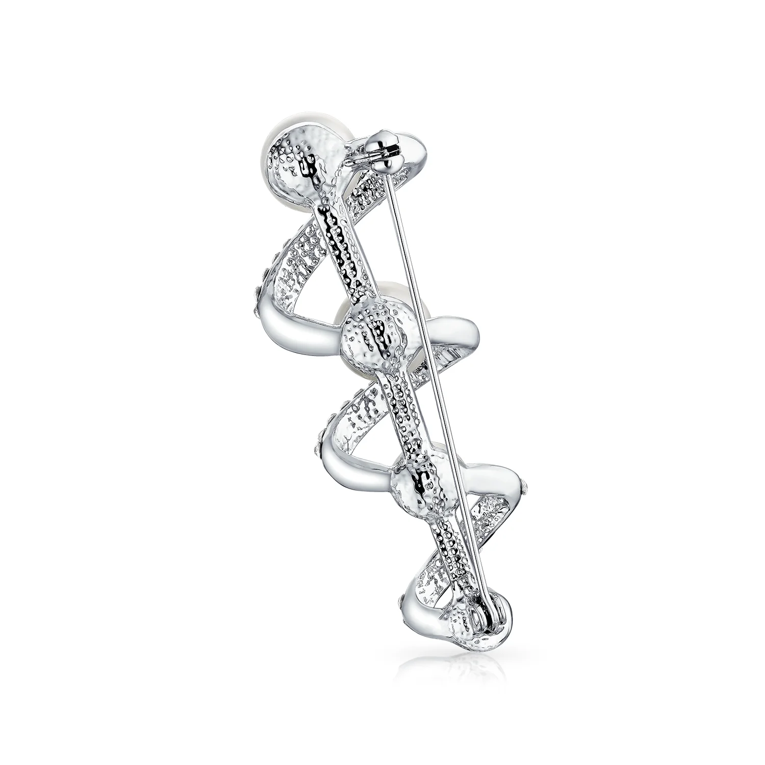 Bridal Crystal Spiral White Pearl Scarf Brooche Pin Silver - Image 3
