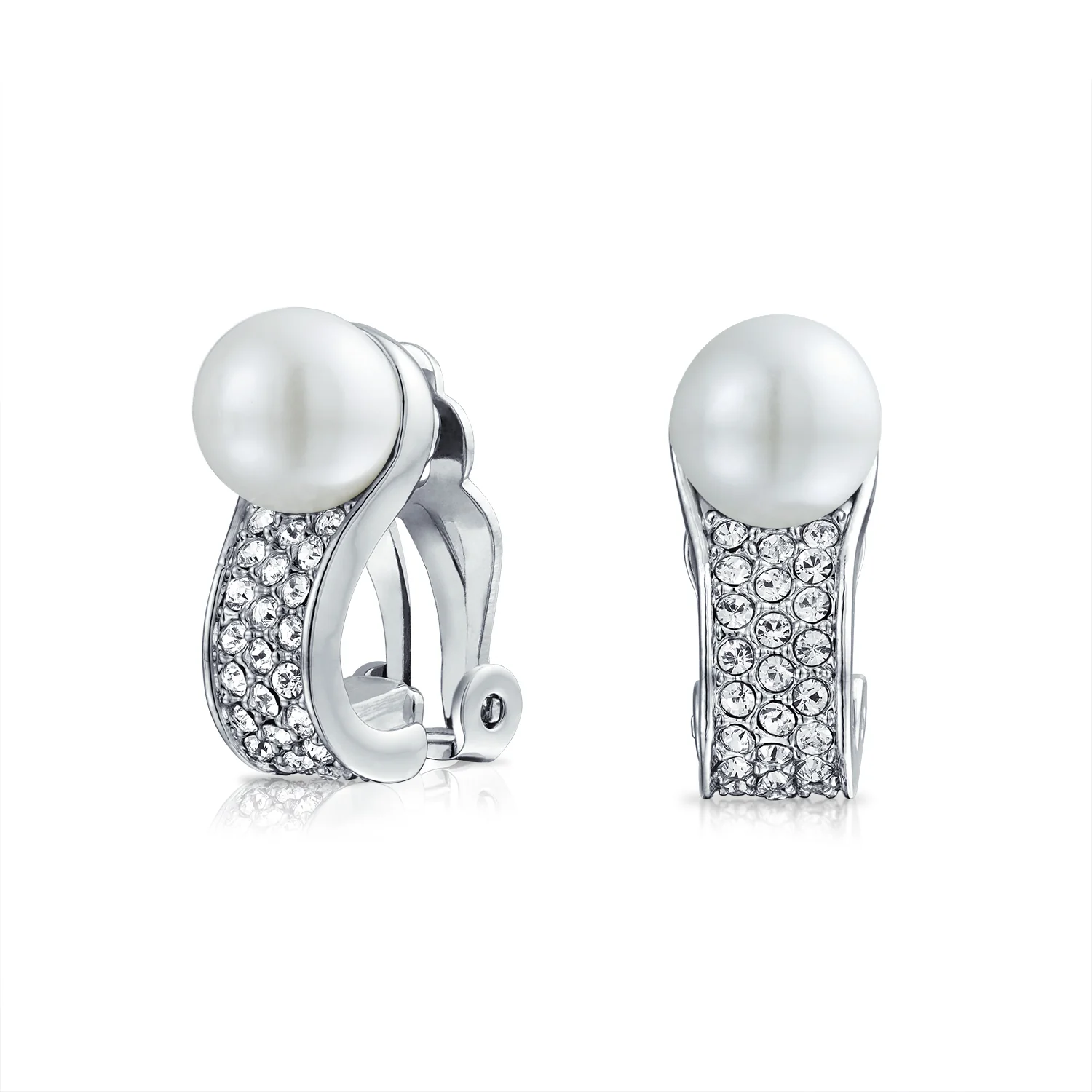Bridal Crystal Pearl Huggie Clip-On Earrings Non-Pierced