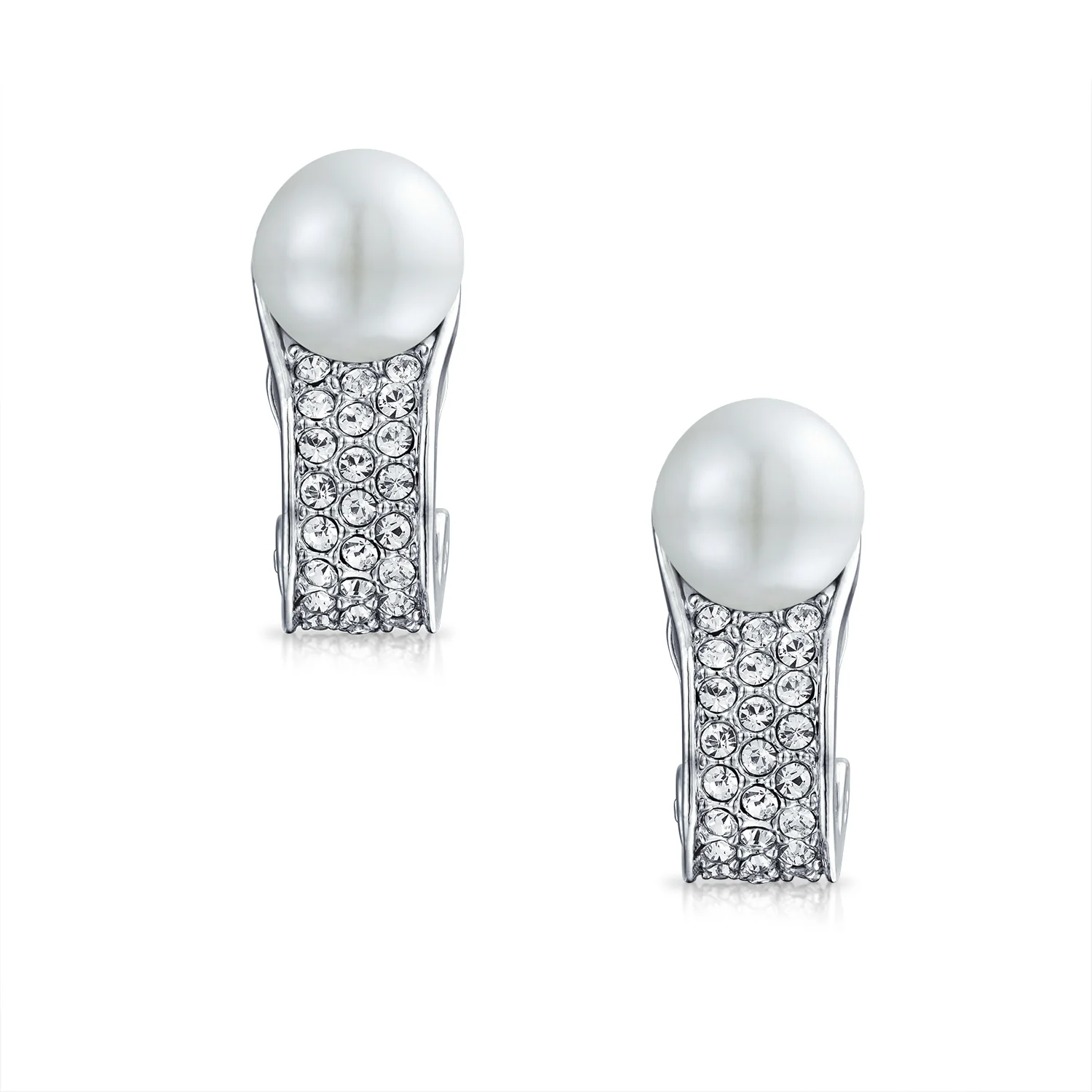 Bridal Crystal Pearl Huggie Clip-On Earrings Non-Pierced - Image 2