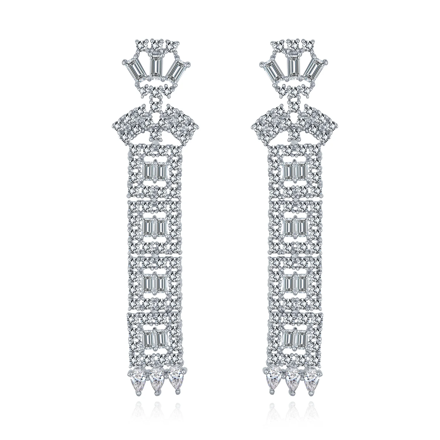 Elegant Bridal Cubic Zirconia CZ Linear Art Deco Statement Asian Motif Column Chandelier Earrings