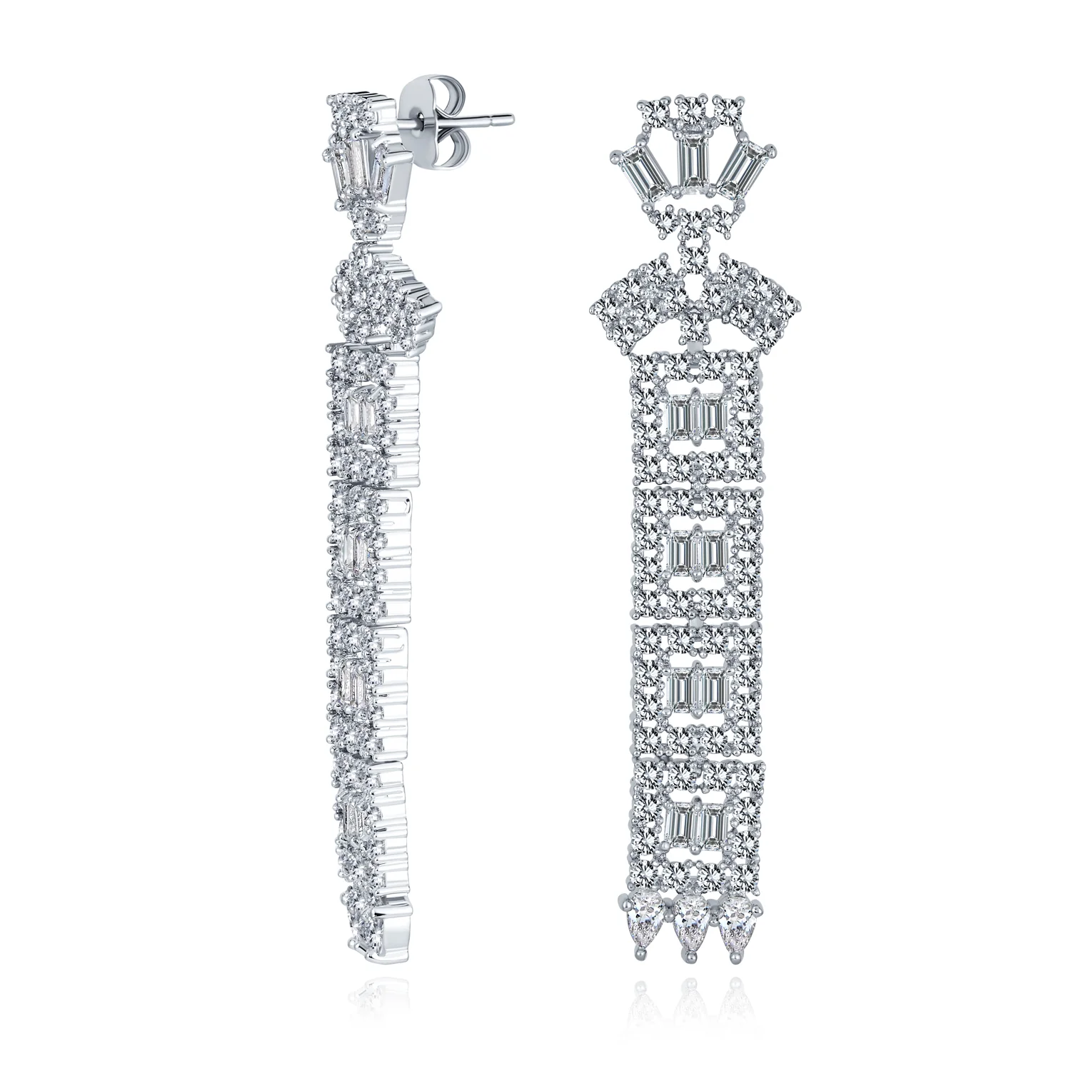 Elegant Bridal Cubic Zirconia CZ Linear Art Deco Statement Asian Motif Column Chandelier Earrings - Image 2