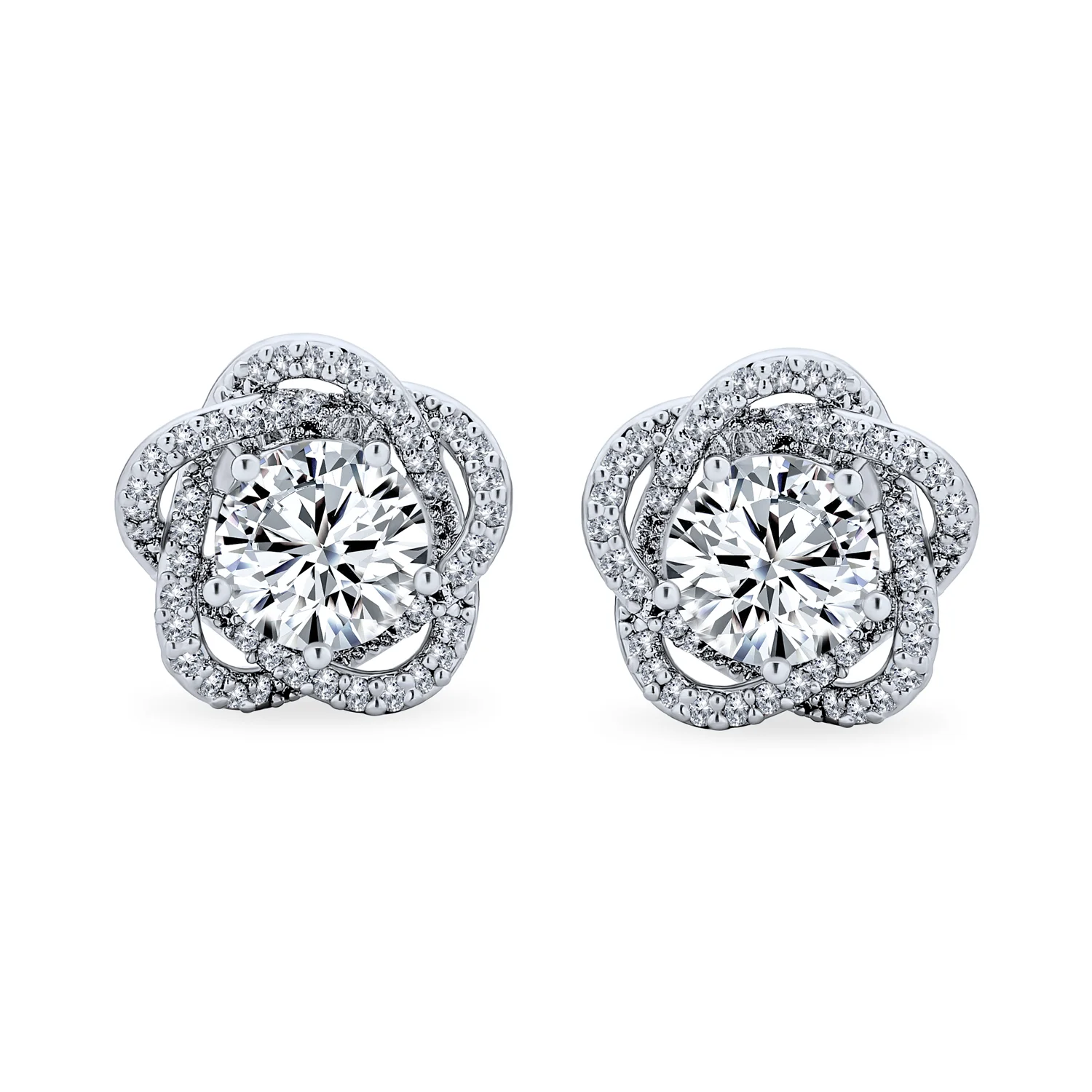 Cubic Zirconia CZ 3D Twist Halo Rose Flower Shape Clip On Earrings Non Pierced Ears - Image 2
