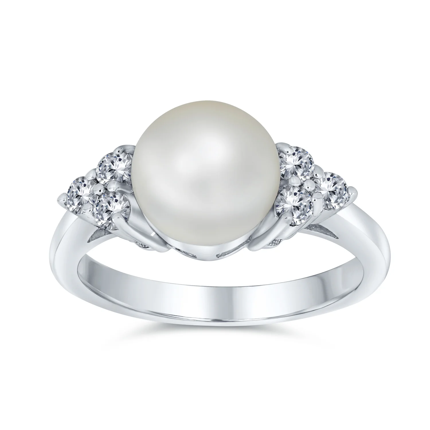 Bridal CZ Halo Pearl Cocktail Statement Ring in Sterling Silver Solitaire Style - Image 2