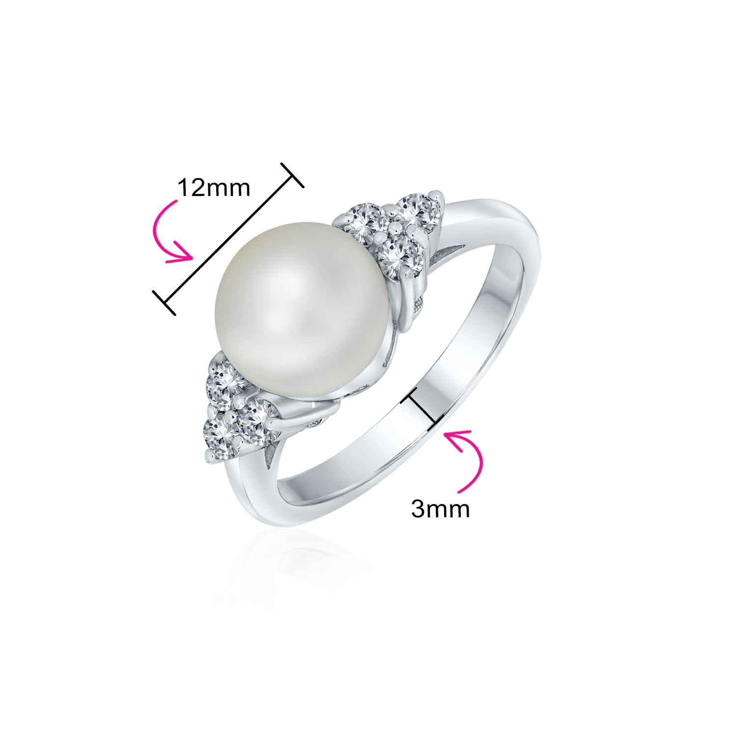 Bridal CZ Halo Pearl Cocktail Statement Ring in Sterling Silver Solitaire Style - Image 3