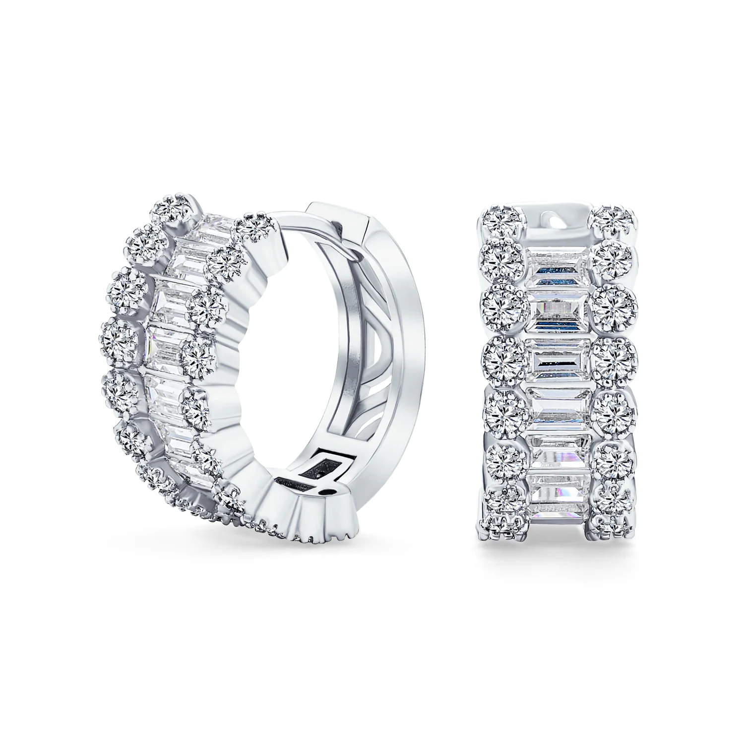 Art Deco Style Royal Blue Clear CZ Edge Cubic Zirconia Huggies Mini Hoop Earrings - Image 2