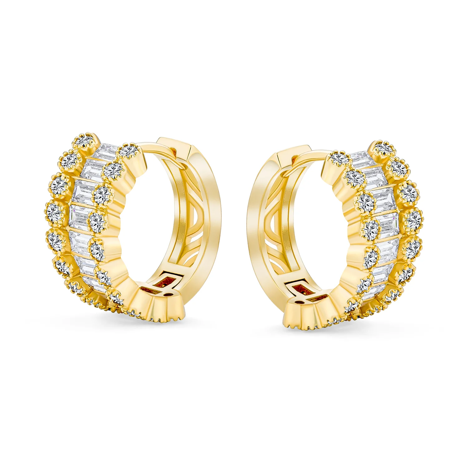 Art Deco Style Royal Blue Clear CZ Edge Cubic Zirconia Huggies Mini Hoop Earrings - Image 3