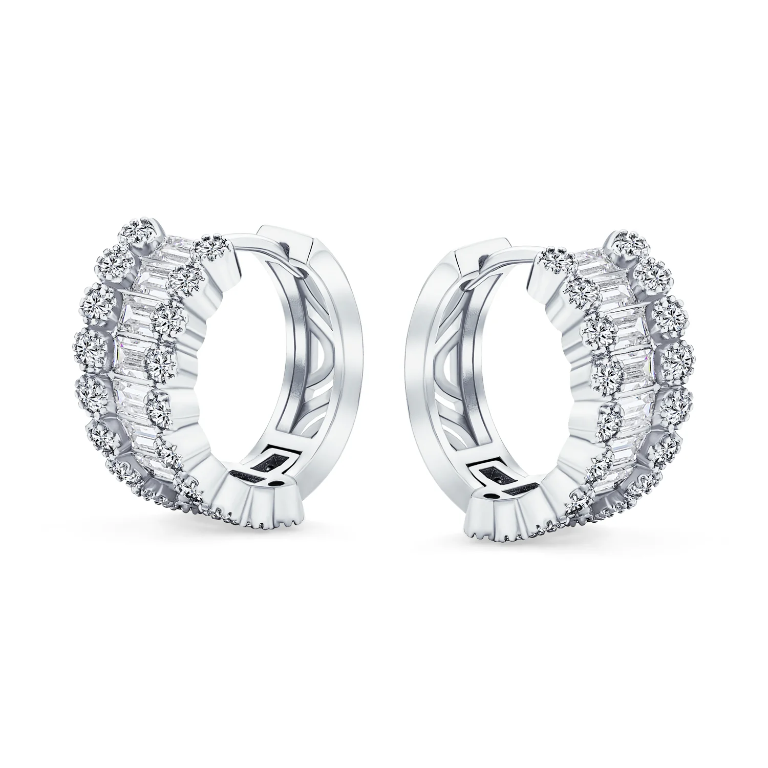 Art Deco Style Royal Blue Clear CZ Edge Cubic Zirconia Huggies Mini Hoop Earrings - Image 4