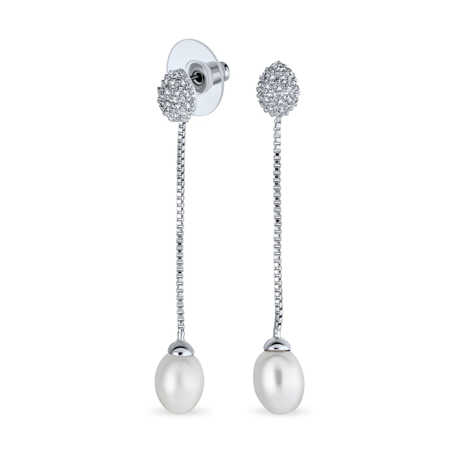 CZ Pearl Linear Chain Dangle Chandelier Earrings Silver