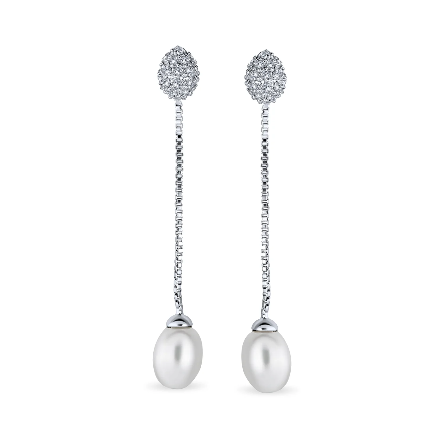 CZ Pearl Linear Chain Dangle Chandelier Earrings Silver - Image 2