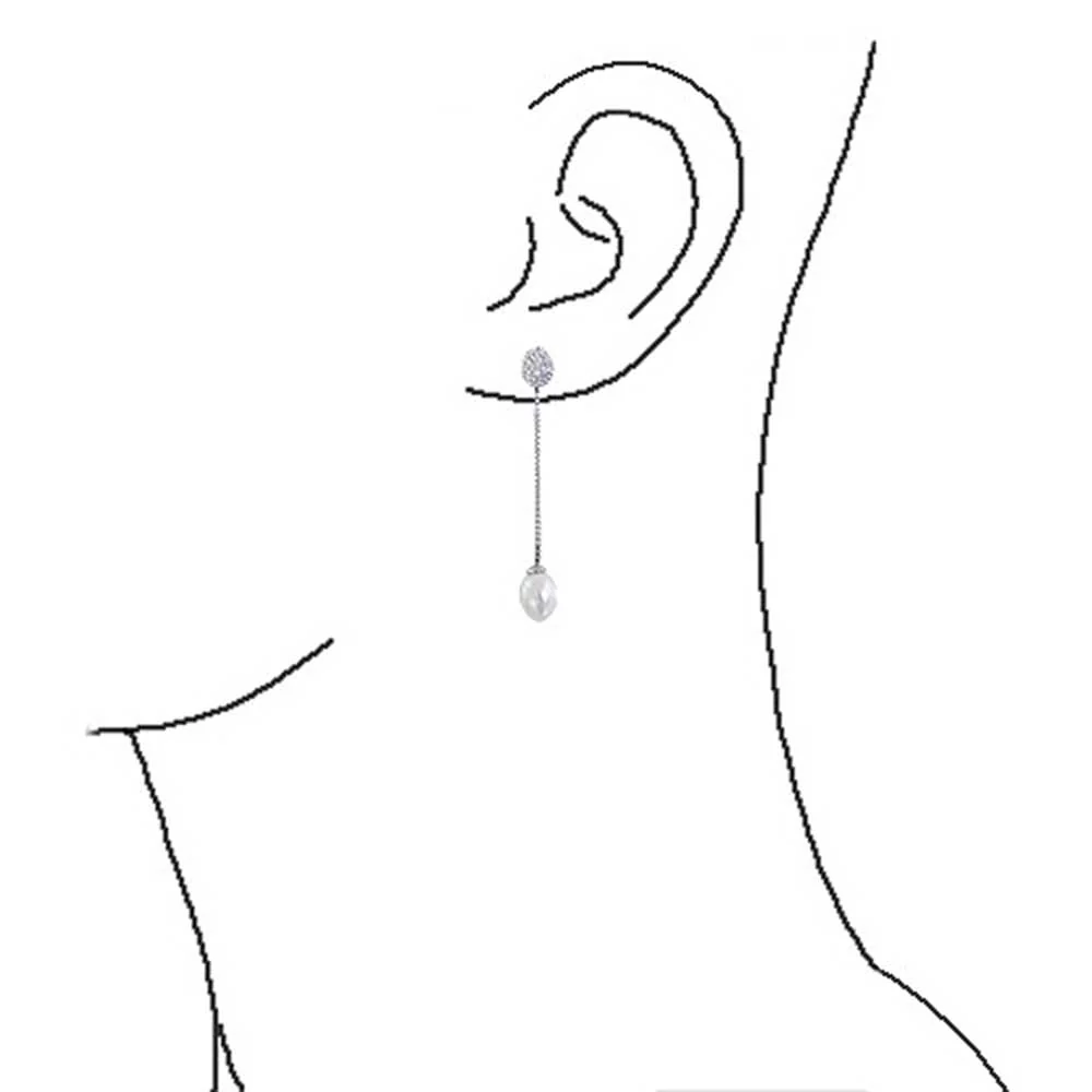 CZ Pearl Linear Chain Dangle Chandelier Earrings Silver - Image 3
