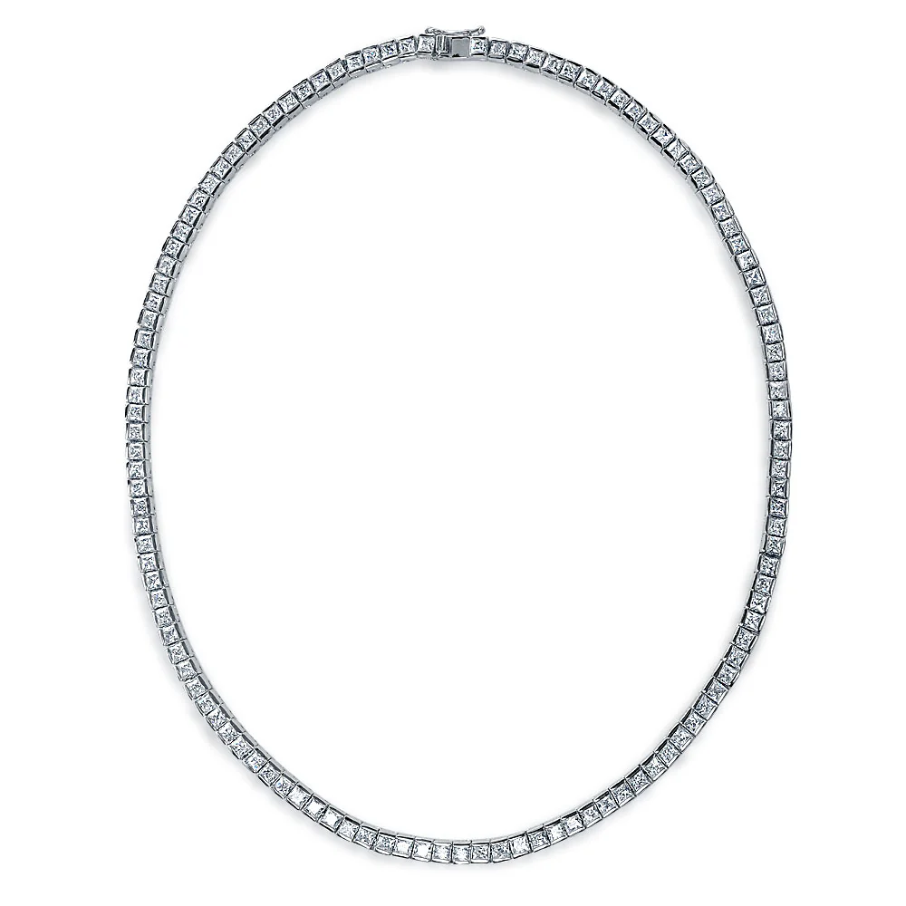 Cocktail Bridal CZ Princess Cut Channel Set Statement Tennis Necklace Collar Silver Plated - Image 6