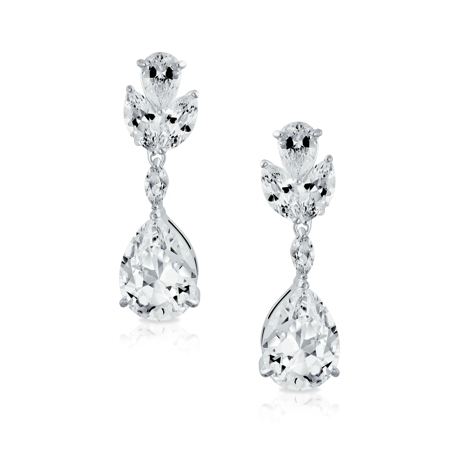 Classic Bridal Leaf Motif CZ Cubic Zirconia Teardrop Dangle Clip-On Earrings Silver Plated - Image 2
