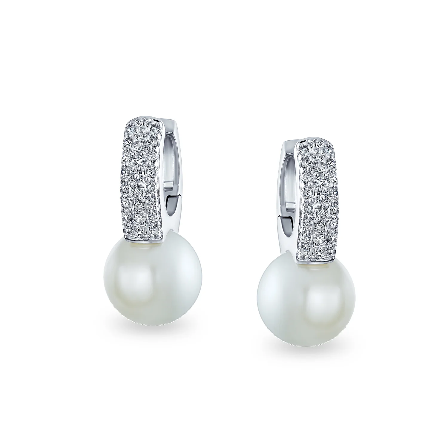 Elegant Bride White Pearl CZ Encrusted Cubic Zirconia Mini Hoop Huggie Drop Earrings - Image 2