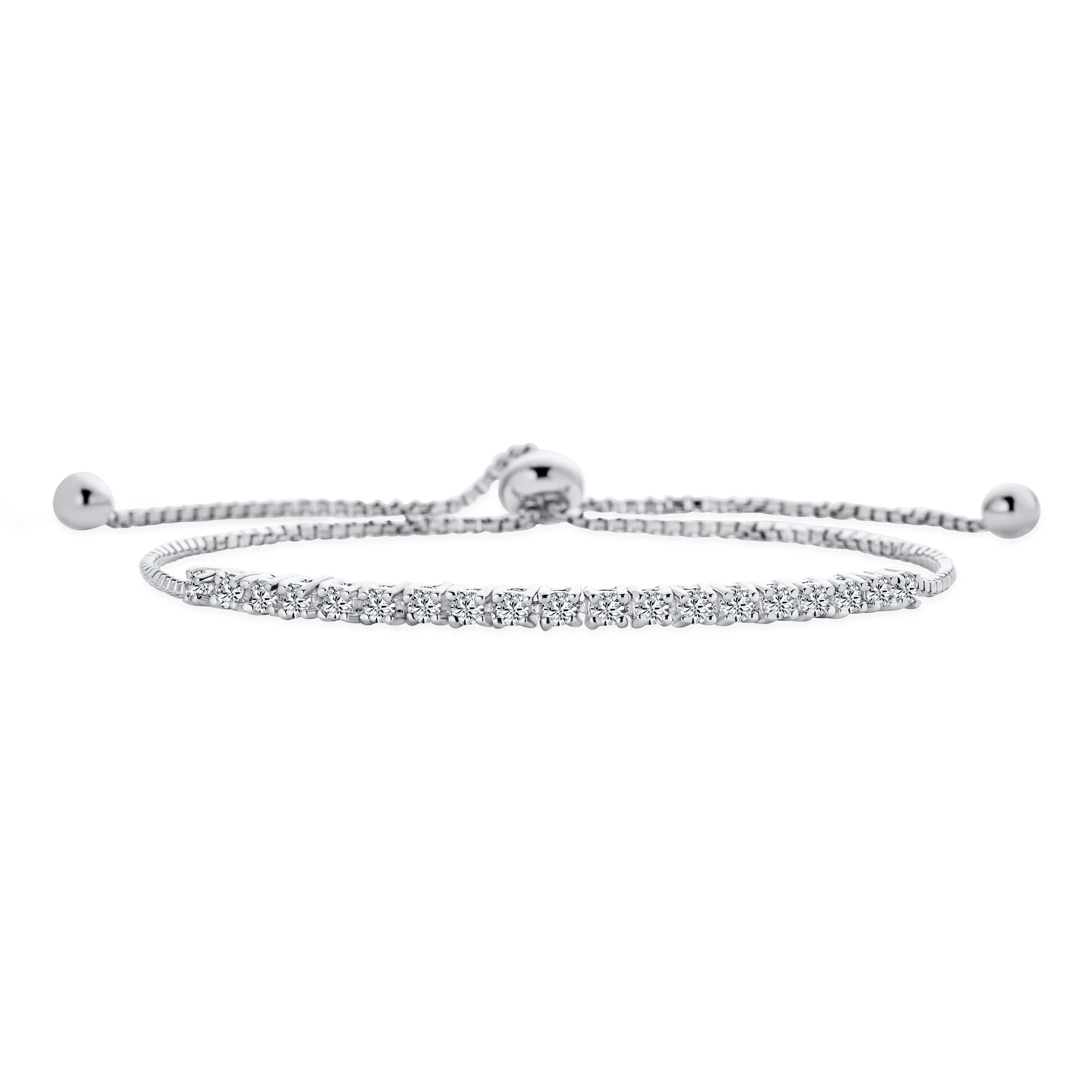 Dainty CZ Slide Bolo Style Tennis Bracelet Rhodium Plated Brass
