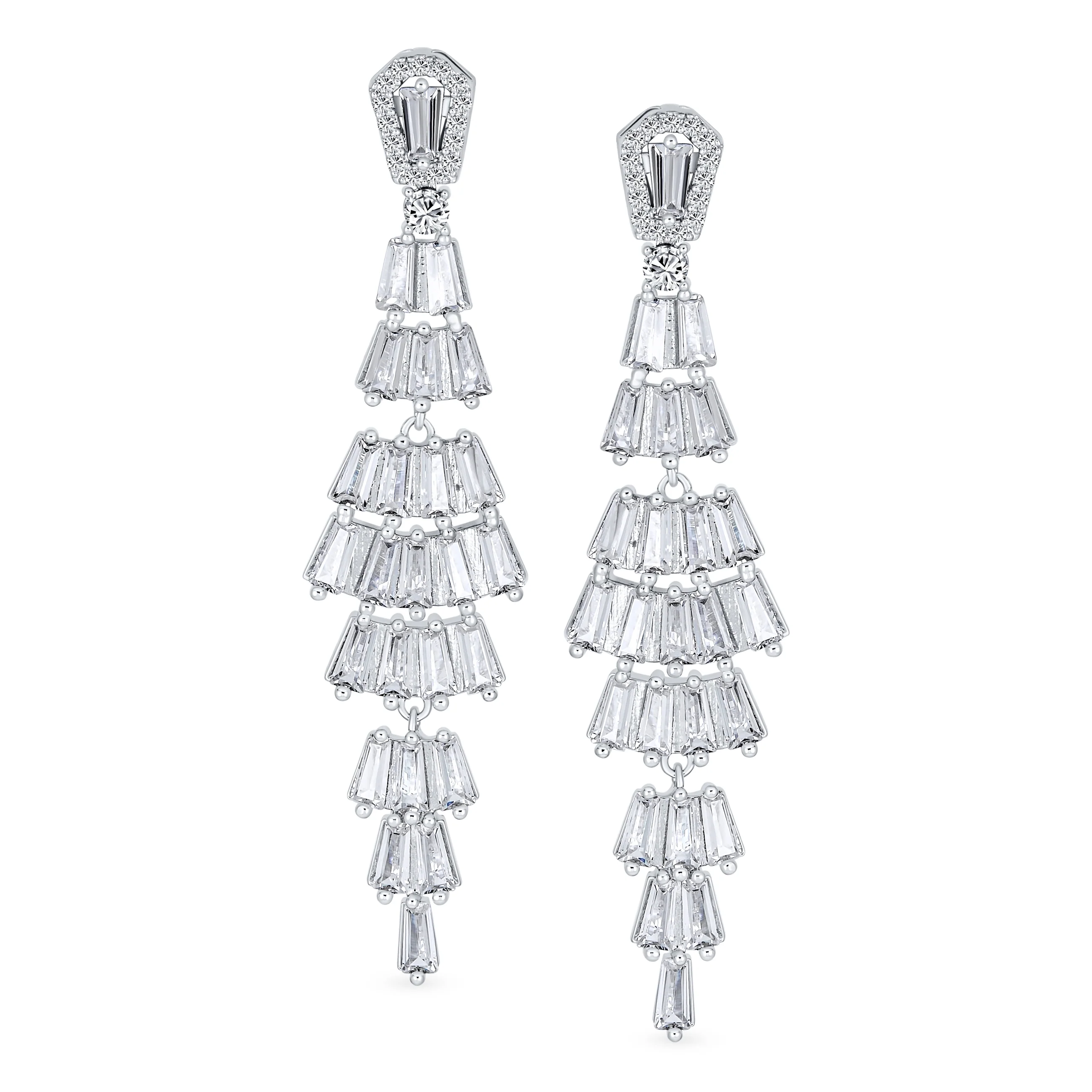 Art Deco Bridal CZ Dangle Chandelier Earrings Silver Plated - Image 2