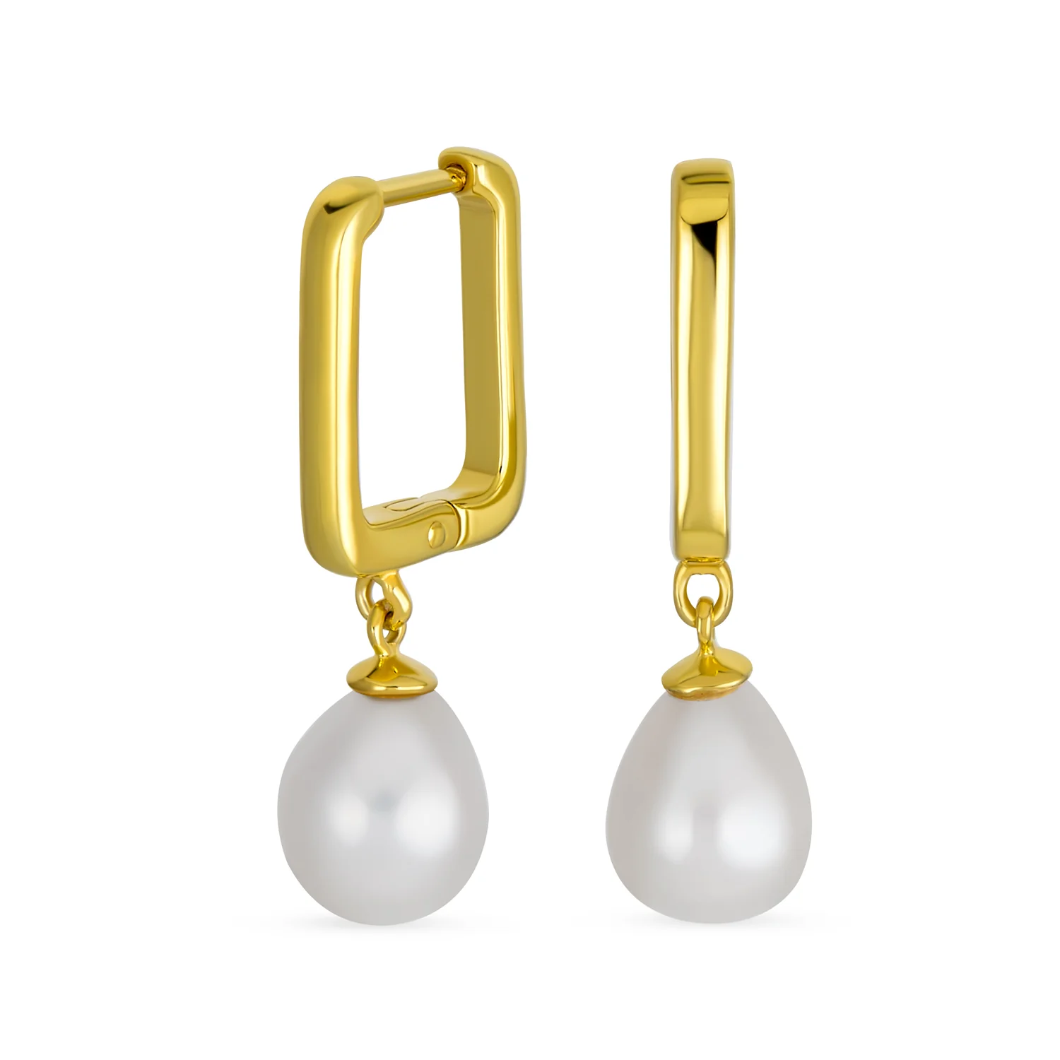 Modern White Freshwater Teardrop Pearl Dangle Paperclip Huggie Earrings Gold Plated