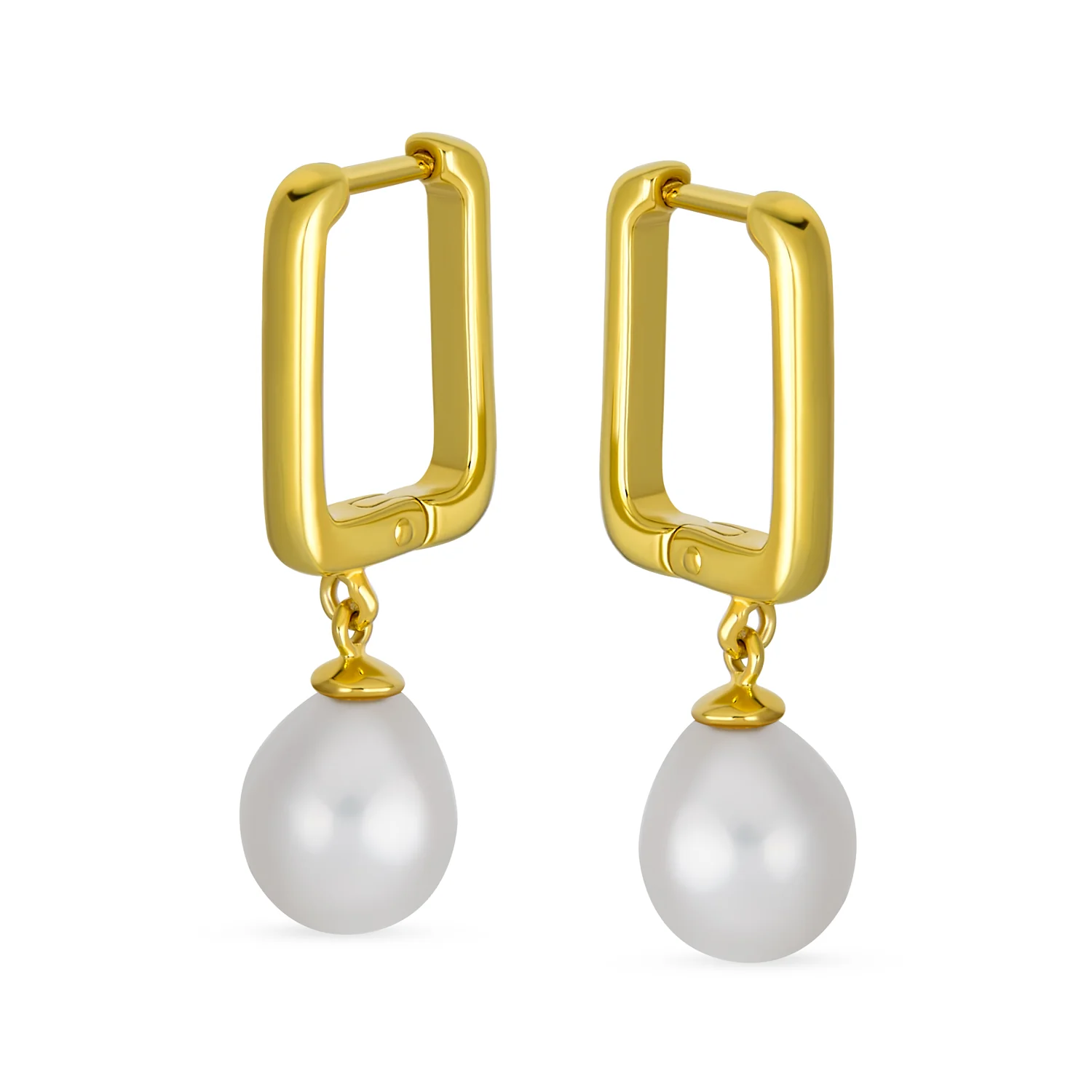 Modern White Freshwater Teardrop Pearl Dangle Paperclip Huggie Earrings Gold Plated - Image 2