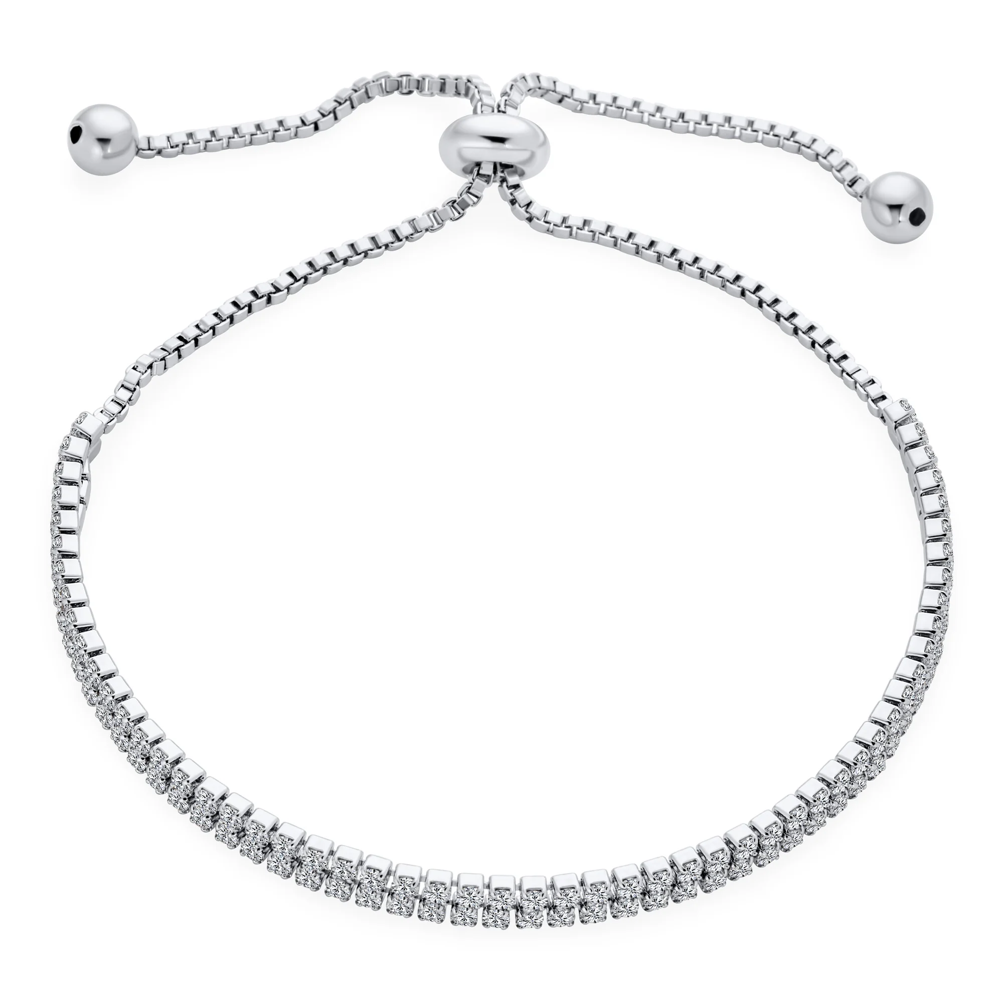 Bridal Double Row CZ Slide Bolo Style Tennis Bracelet Silver Plated Prom Jewelry - Image 2