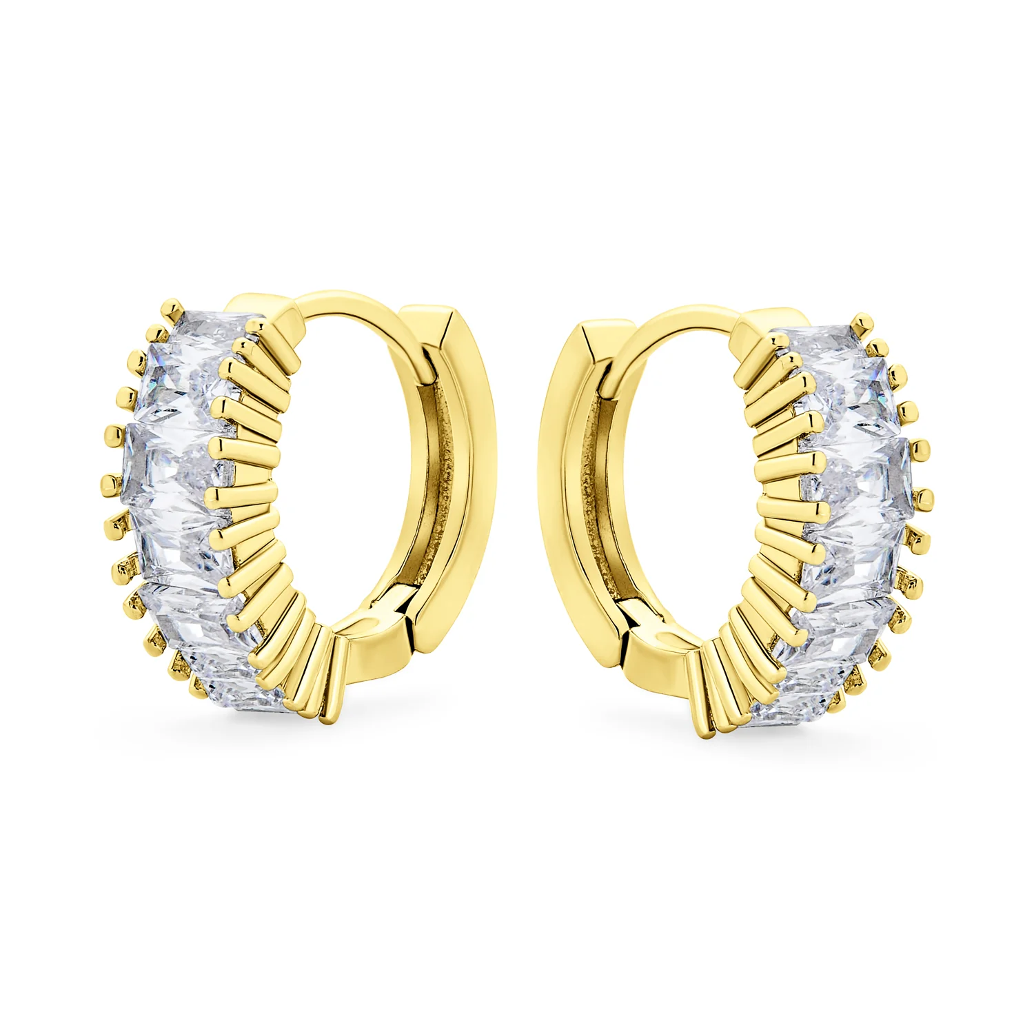 Set of 2 CZ Hoop Huggie Earrings Emerald Cut Milgrain Edge - Image 2