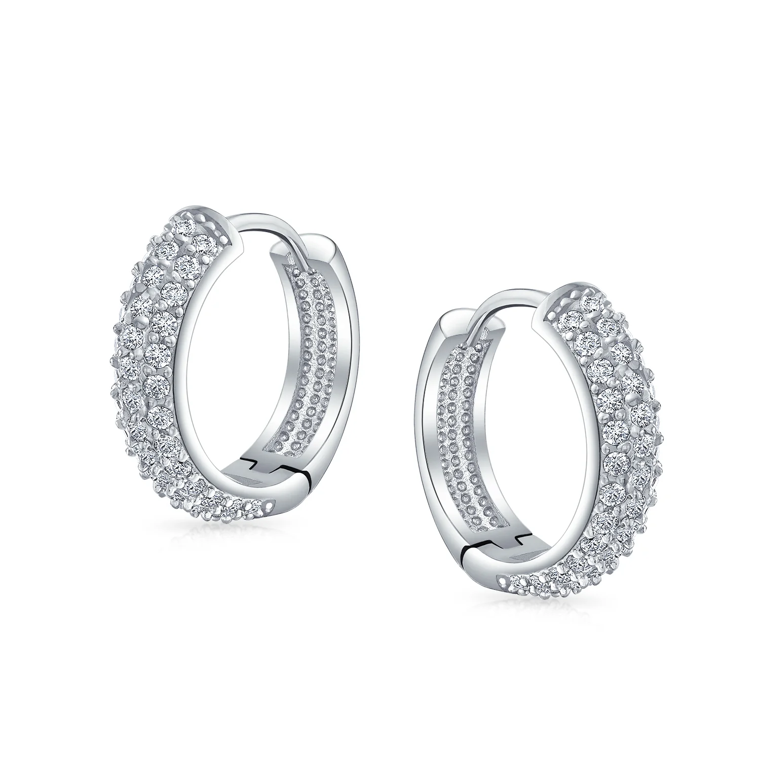 Fancy Wide 3 Row Cubic Zirconia CZ Cocktail Hoop Earrings Black Rose Gold Plated