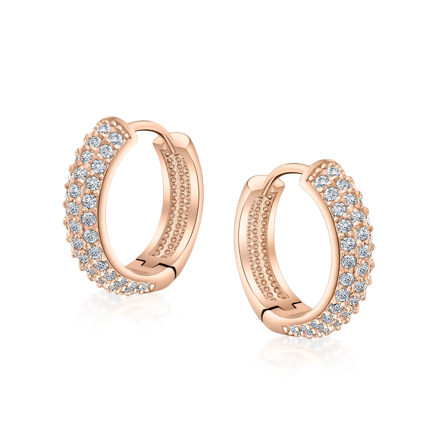 Fancy Wide 3 Row Cubic Zirconia CZ Cocktail Hoop Earrings Black Rose Gold Plated - Image 3