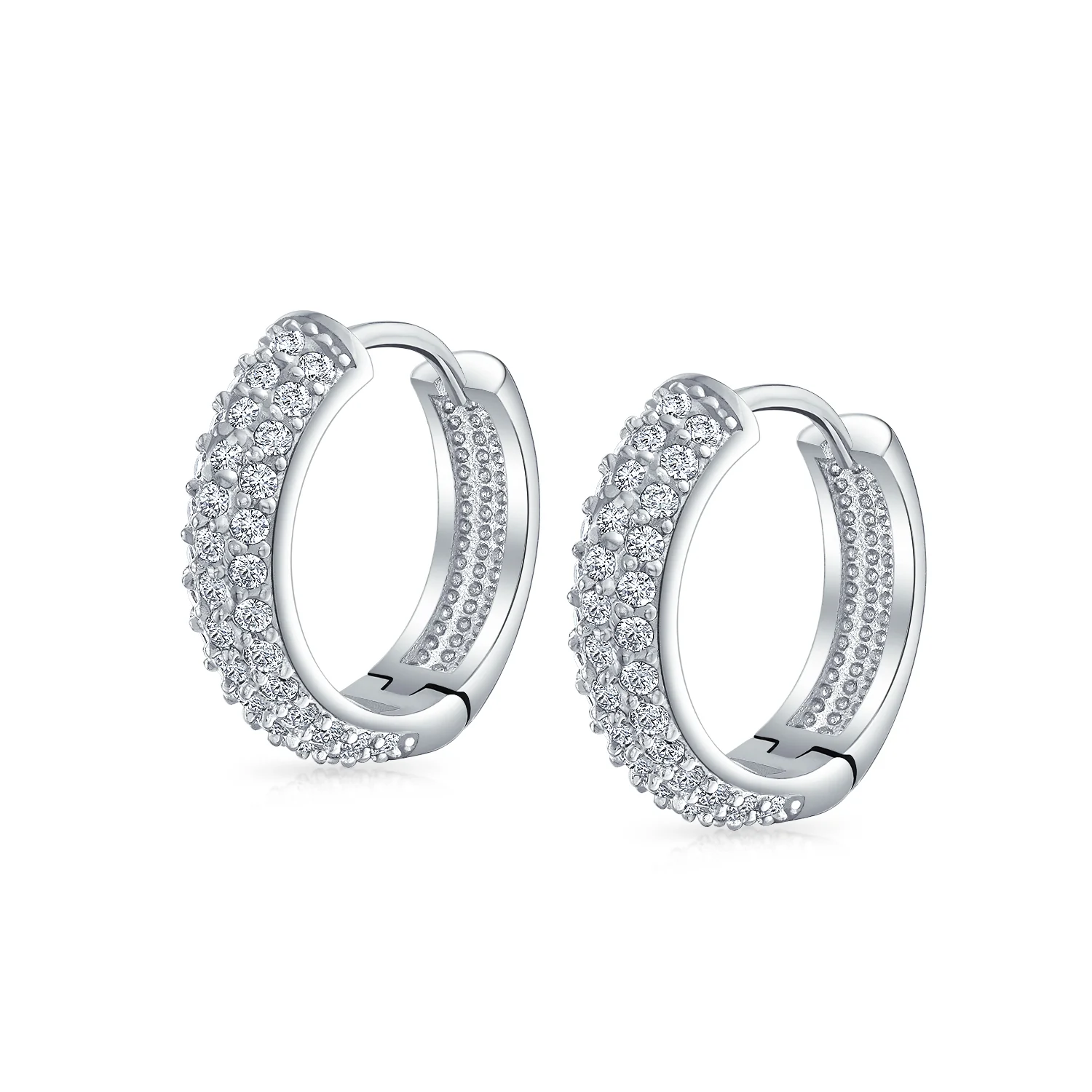 Fancy Wide 3 Row Cubic Zirconia CZ Cocktail Hoop Earrings Black Rose Gold Plated - Image 4