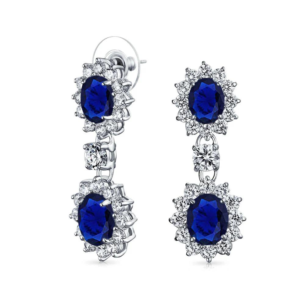 Bridal Halo Blue Sapphire CZ Statement Necklace Chandelier Earrings Jewelry Set - Image 2