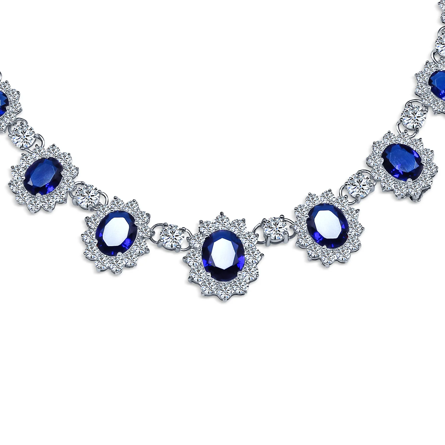 Bridal Halo Blue Sapphire CZ Statement Necklace Chandelier Earrings Jewelry Set - Image 3