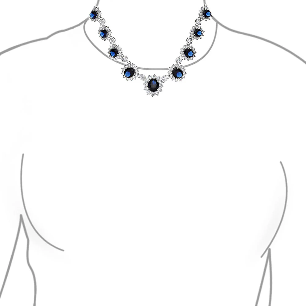 Bridal Halo Blue Sapphire CZ Statement Necklace Chandelier Earrings Jewelry Set - Image 5