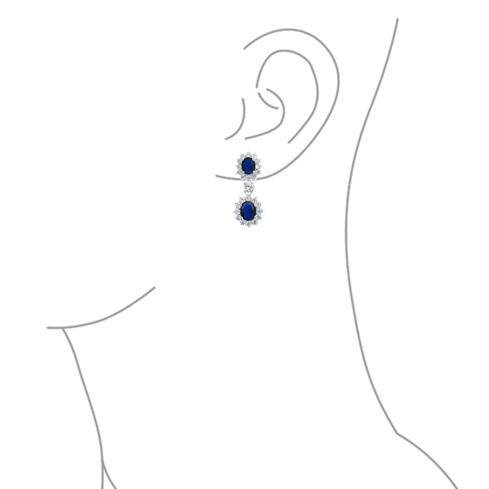 Bridal Halo Blue Sapphire CZ Statement Necklace Chandelier Earrings Jewelry Set - Image 6