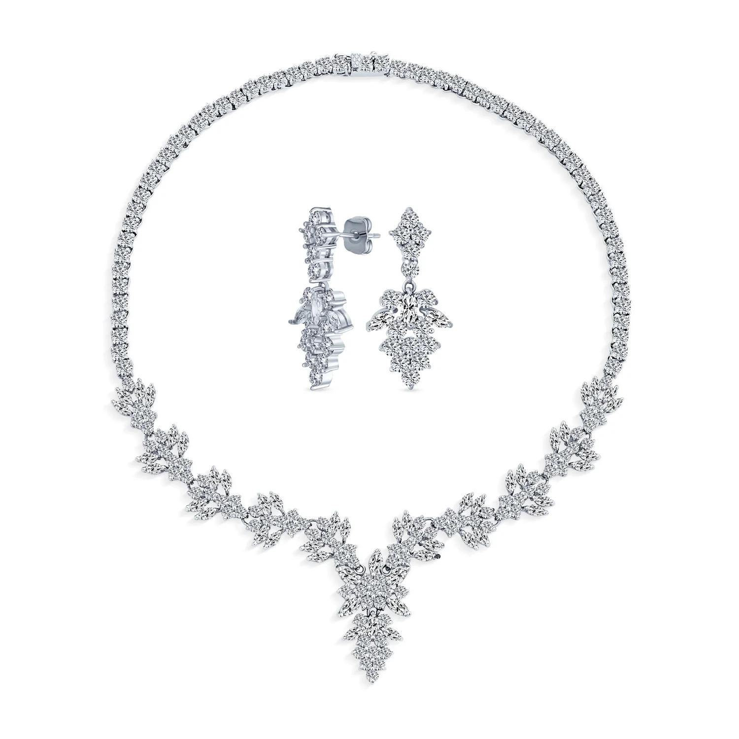 Vintage Style Marquise Leaf Cubic Zirconia CZ Collar Statement Necklace & Earrings Jewelry Set