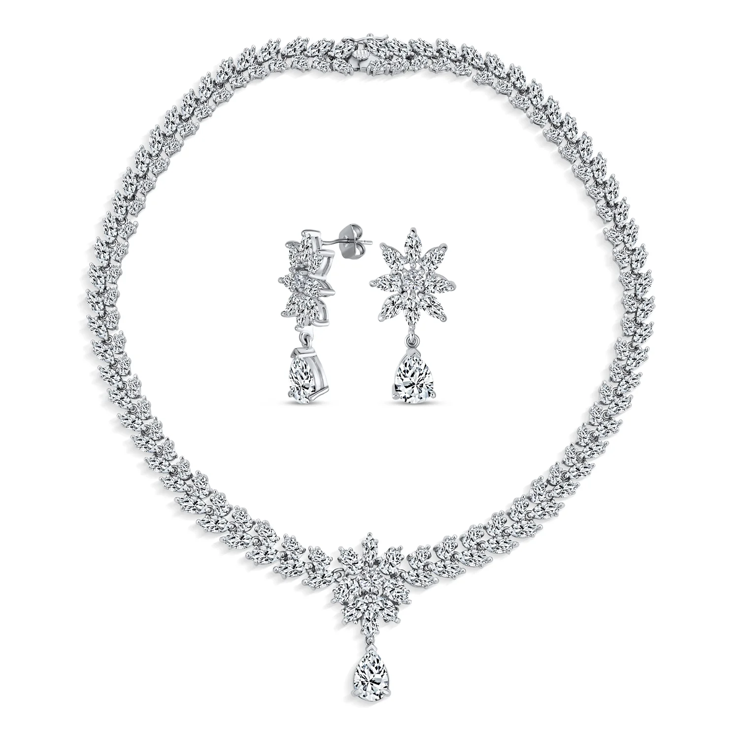 Bridal  Marquise Leaf CZ Choker Necklace Earrings Set