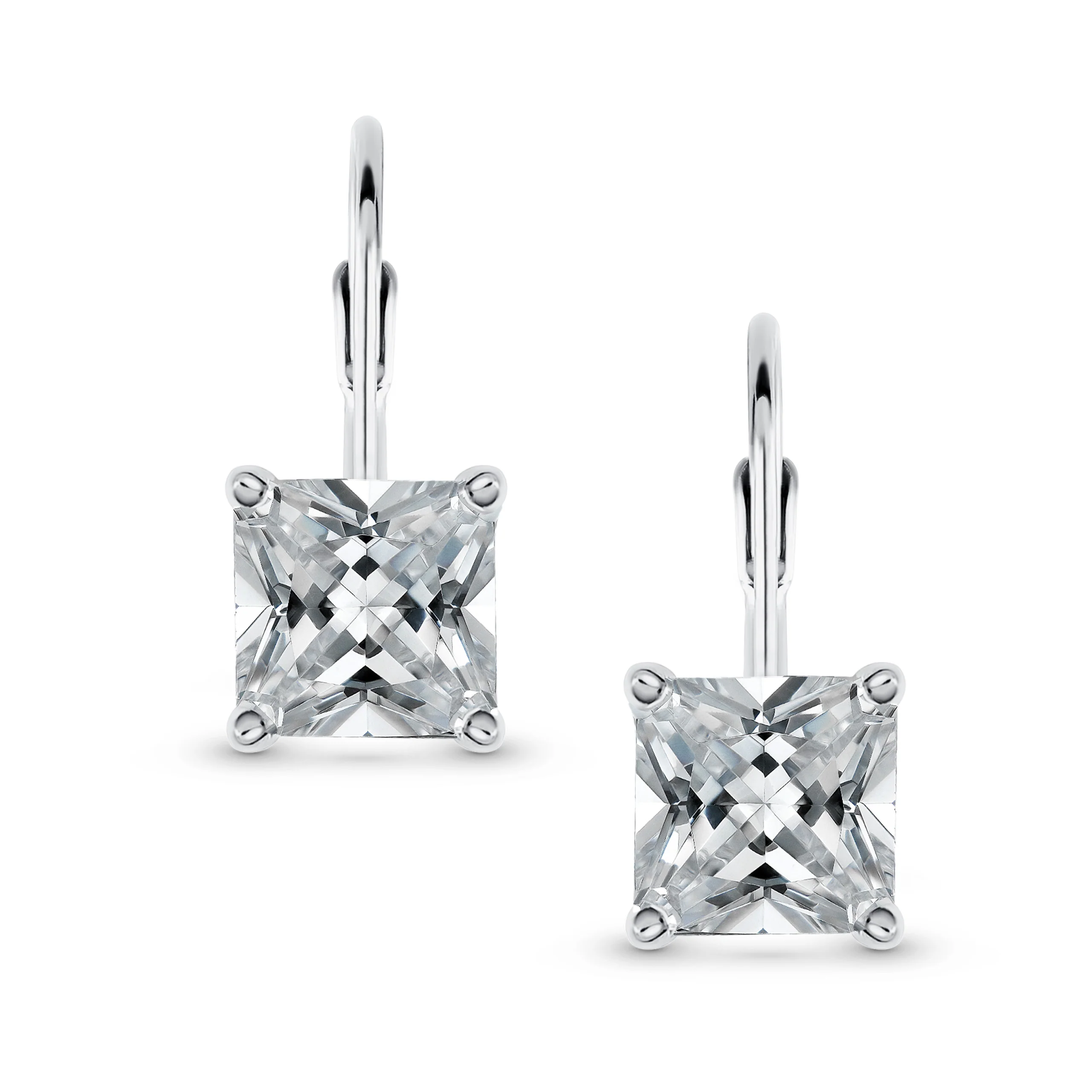 Bridal Lever-Back Princess Cut Solitaire Square CZ Earrings Sterling Silver 7MM - Image 2