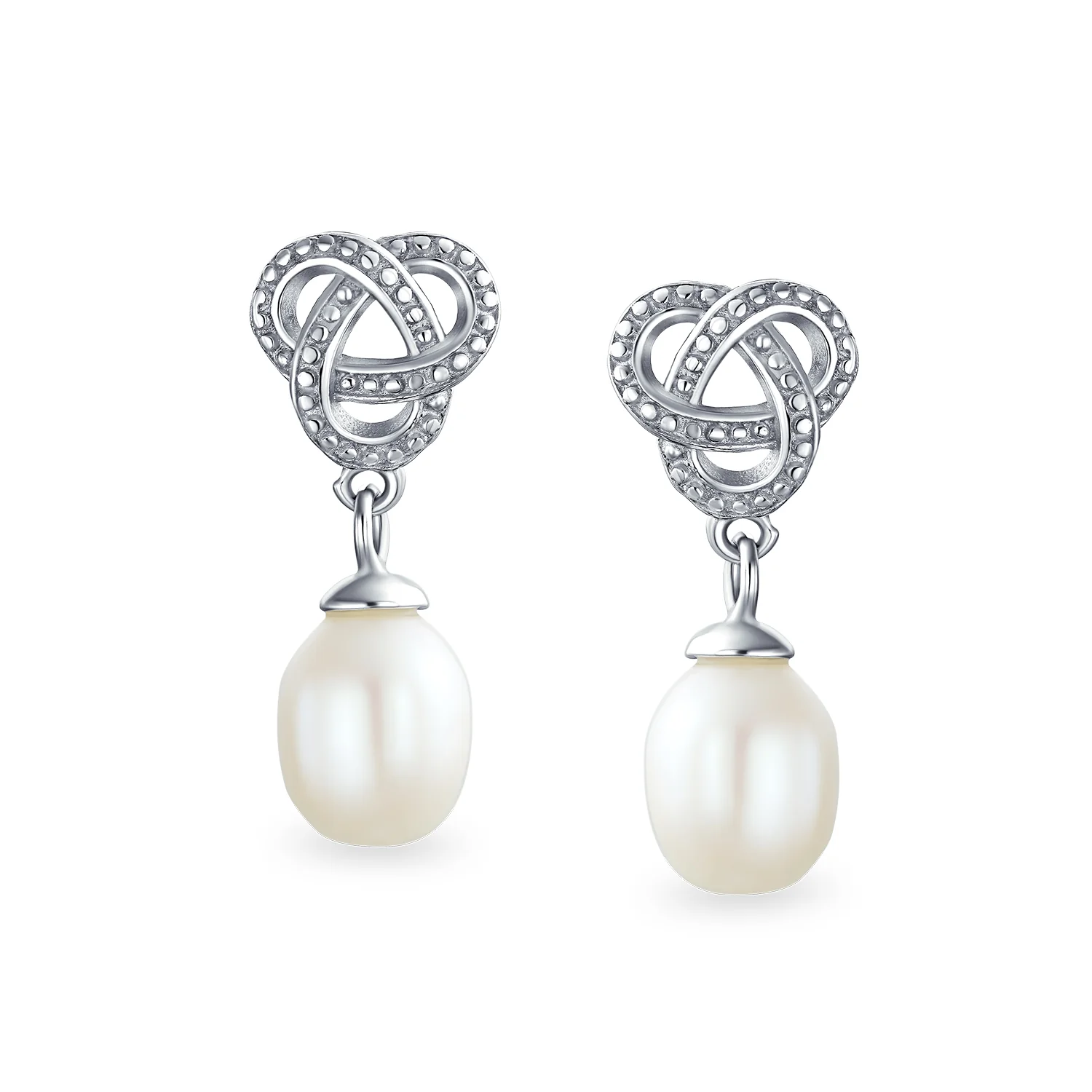 Bridal Love Knot Pearl Teardrop Dangle Earrings for Prom in Sterling Silver - Image 2
