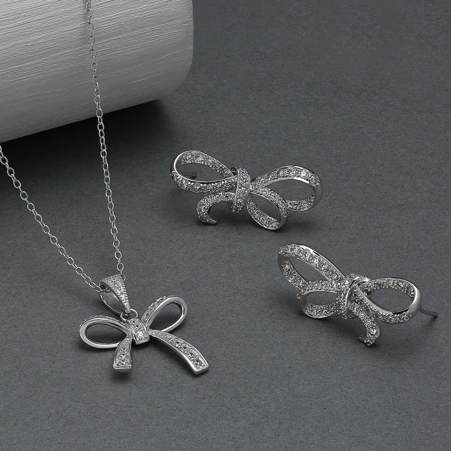 Dainty Cubic Zirconia Pave CZ Station Ribbon Bow Pendant Necklace .925 Sterling Silver - Image 5