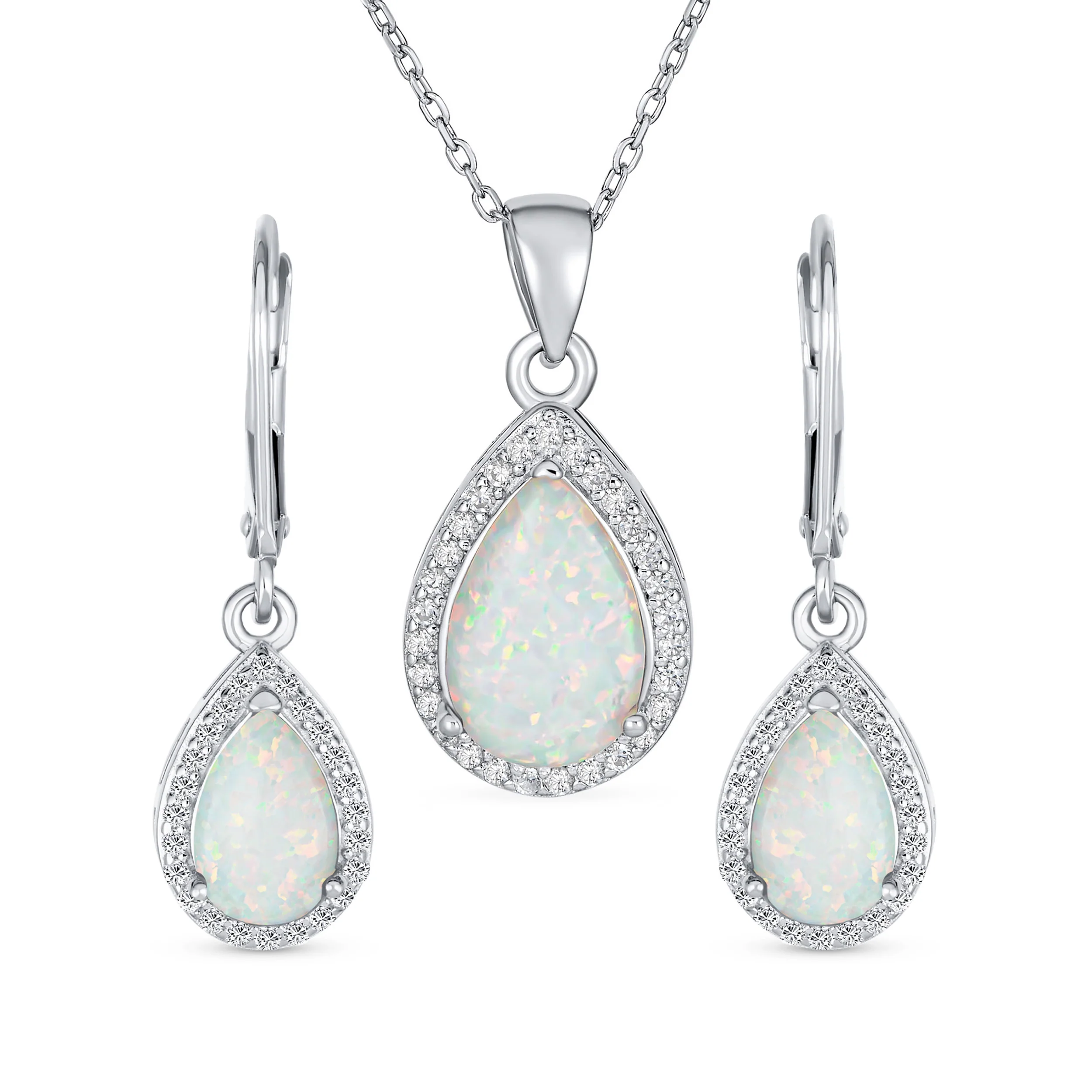 Bridal Necklace with CZ Accent and Opal Teardrop Pendant in Sterling Silver - Image 4