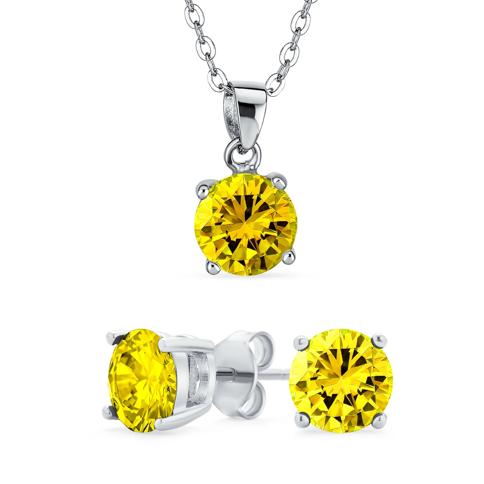 4CTW Round Yellow CZ Solitaire Stud Earrings & Pendant Necklace Set .925 Sterling Silver - Image 5