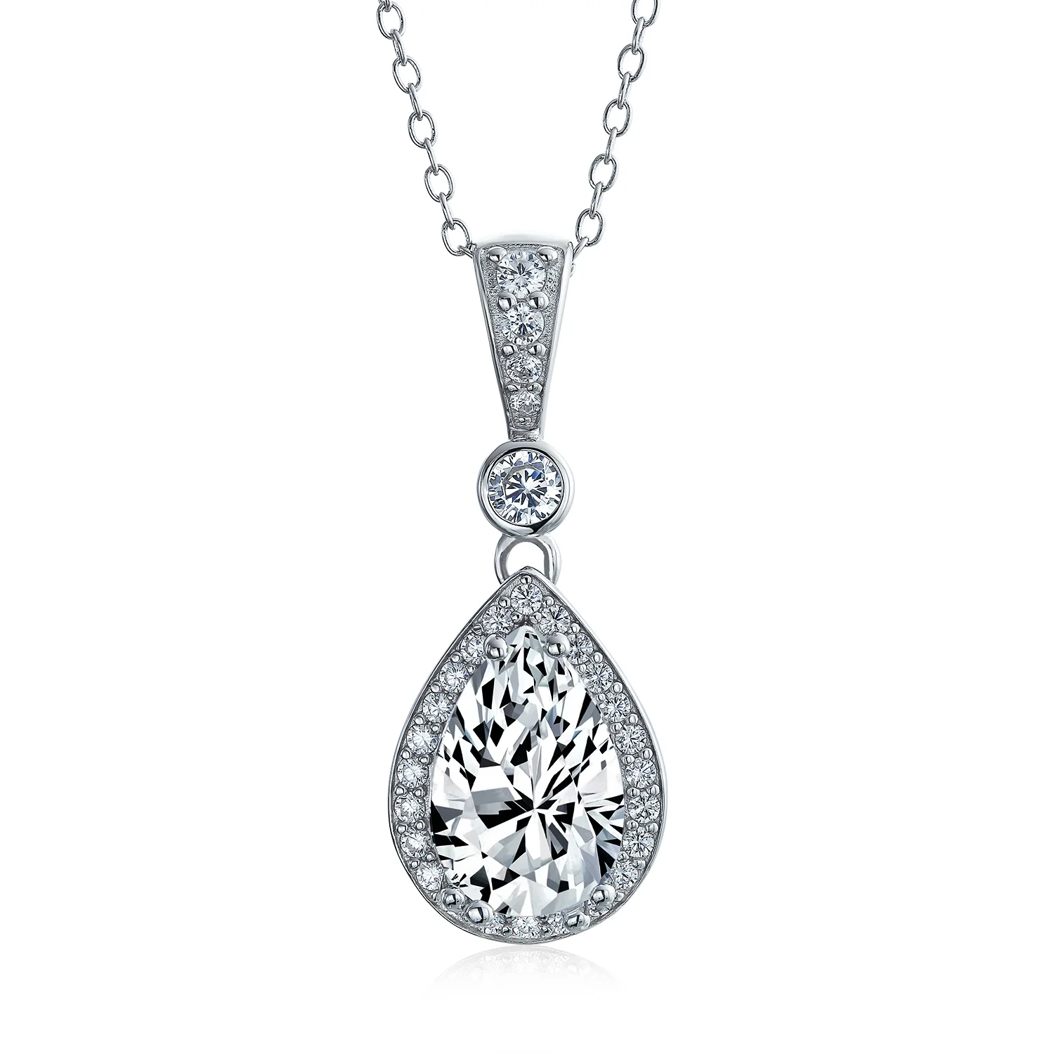 Traditional Bridal CZ Teardrop Solitaire Pendant Necklace Cubic Zirconia .925 Sterling Silver
