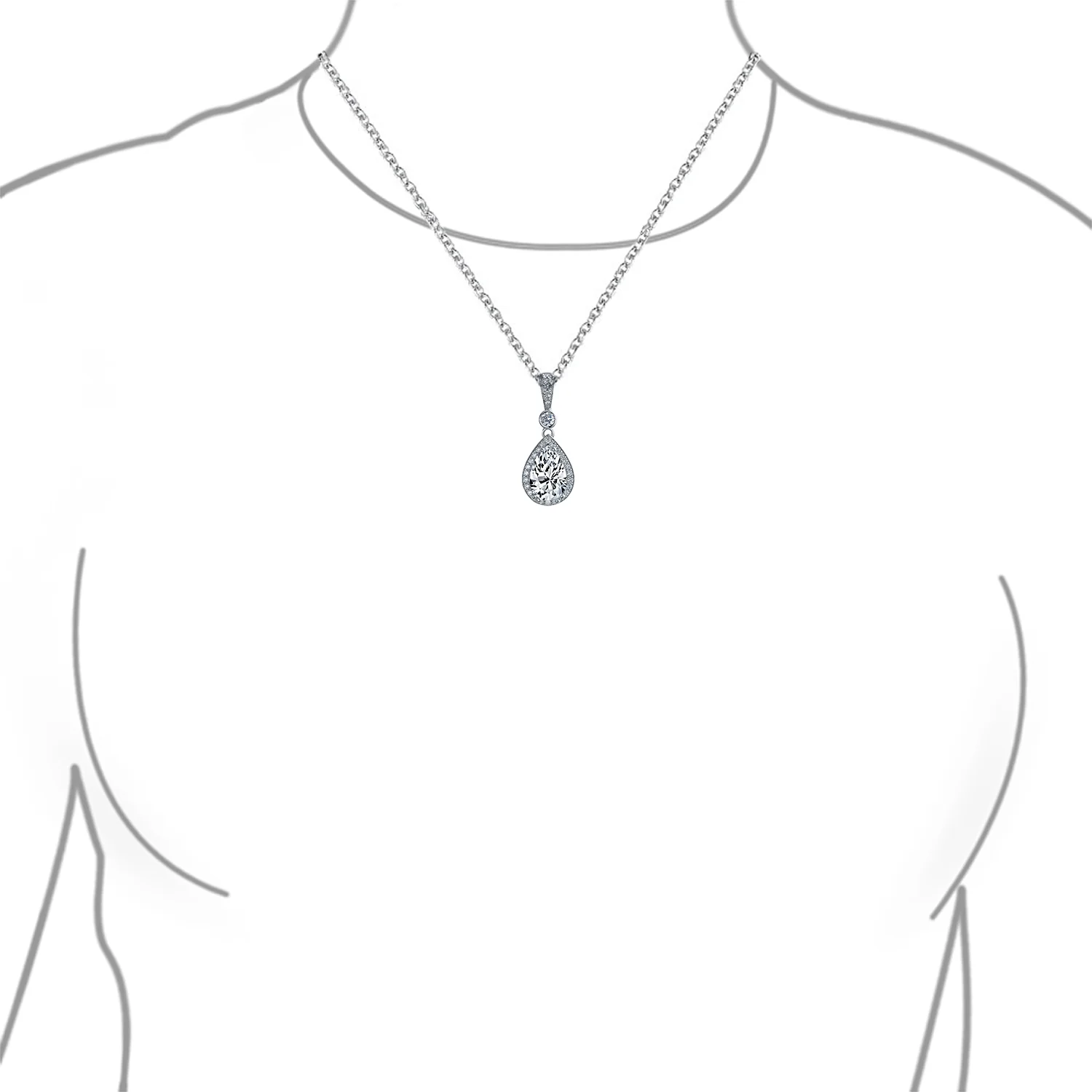 Traditional Bridal CZ Teardrop Solitaire Pendant Necklace Cubic Zirconia .925 Sterling Silver - Image 3