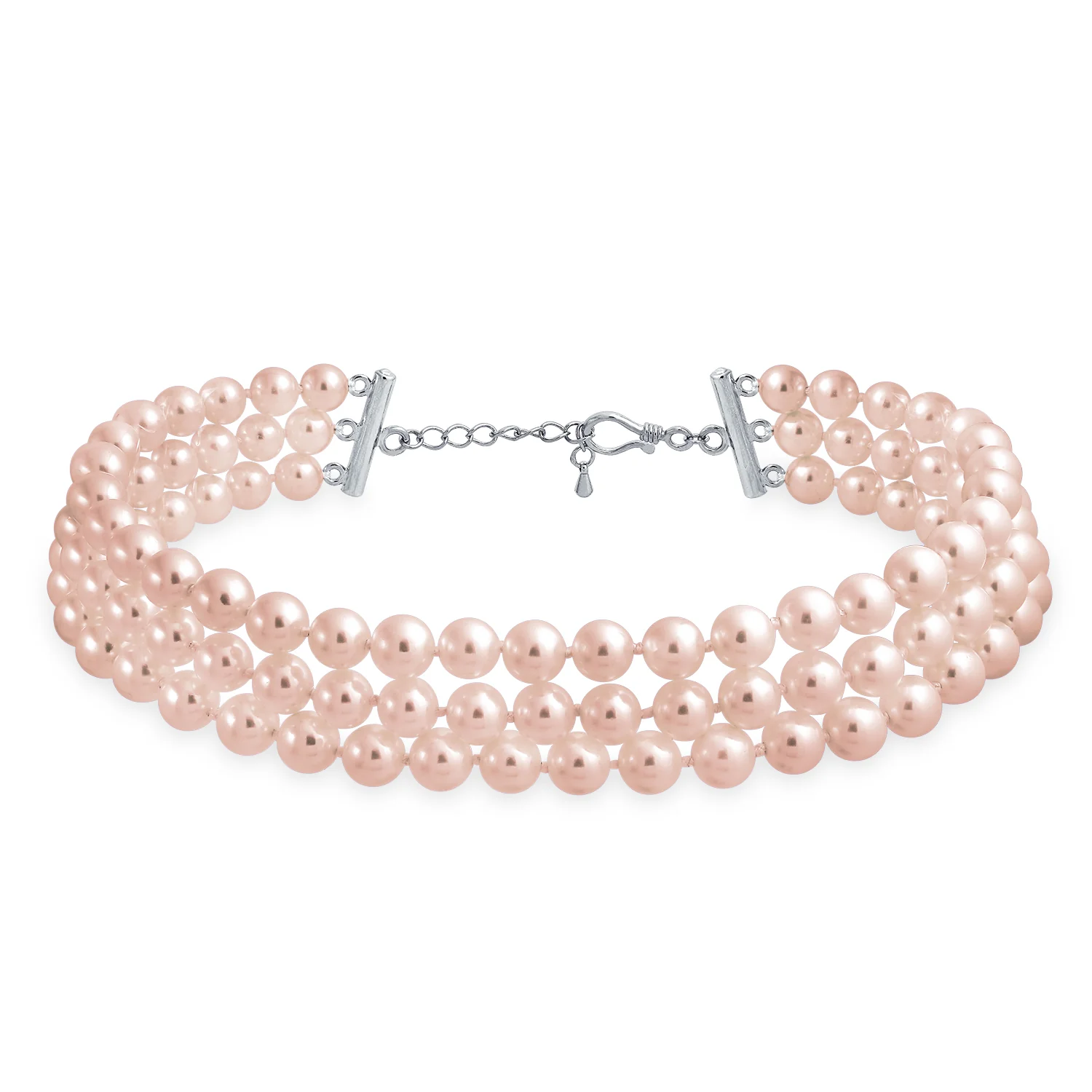 Bridal 3 Strand Wide Faux White Pearl Statement Choker Necklace - Image 3