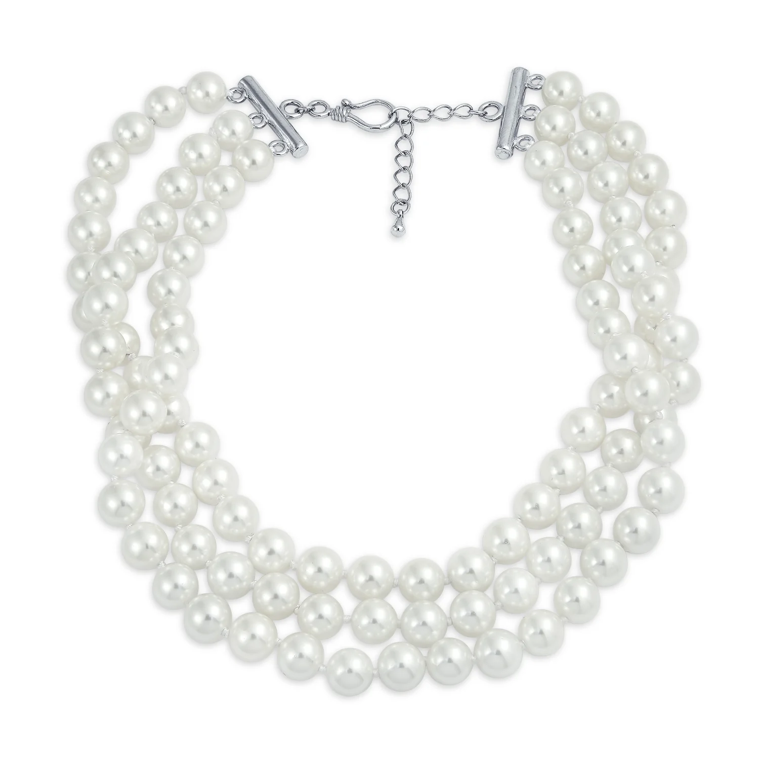 Bridal 3 Strand Wide Faux White Pearl Statement Choker Necklace - Image 4