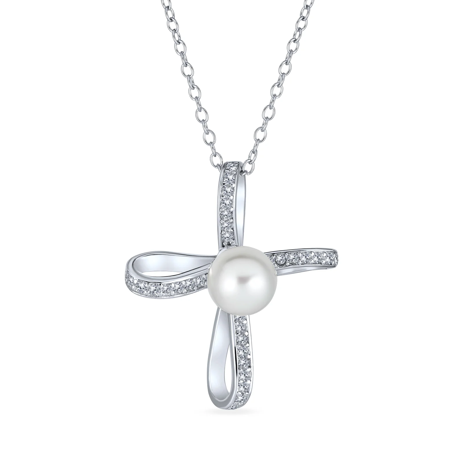 Bridal Necklace Sterling Silver Infinity Cross Simulated White Pearl Pendant