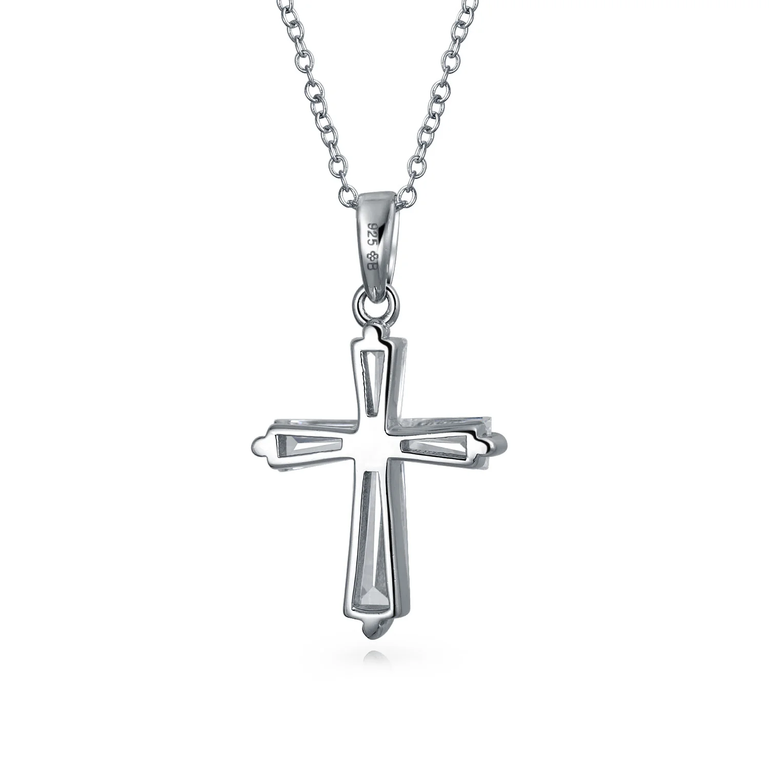 Bridal Necklace Minimalist Baguette-Cut Cubic Zirconia Cross Pendant Silver - Image 3