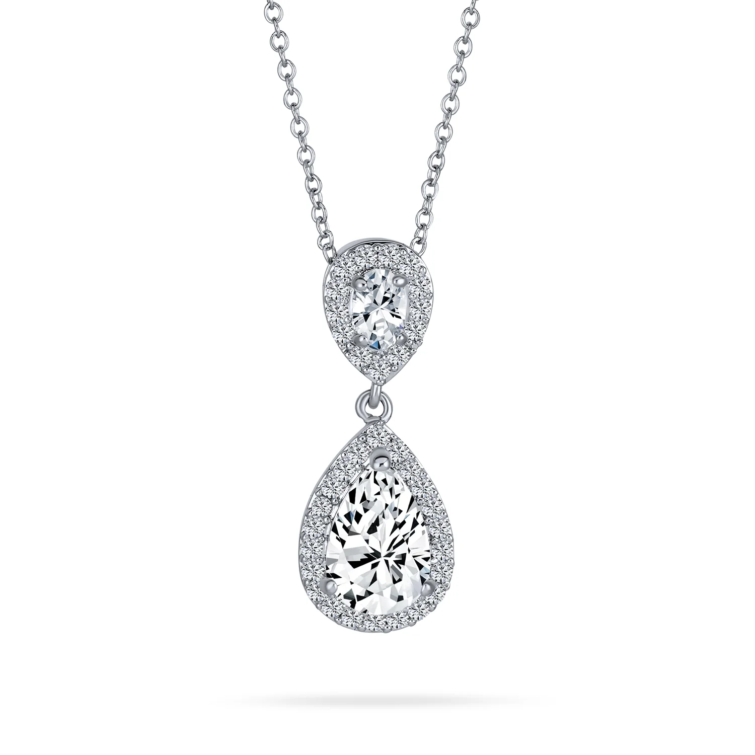 Bridal Necklace Pear CZ Teardrop Solitaire Pendant Wedding Silver Plated Brass