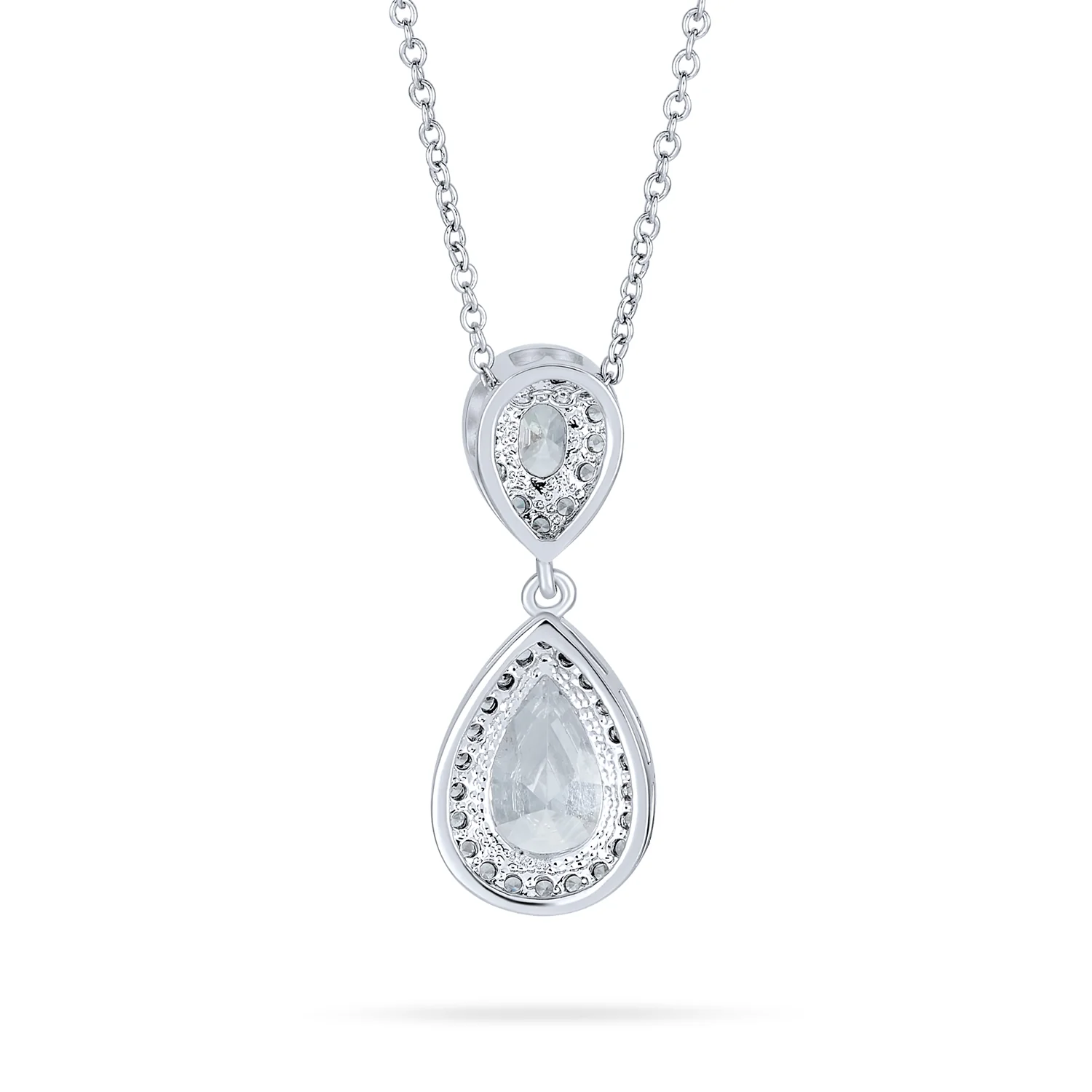 Bridal Necklace Pear CZ Teardrop Solitaire Pendant Wedding Silver Plated Brass - Image 2