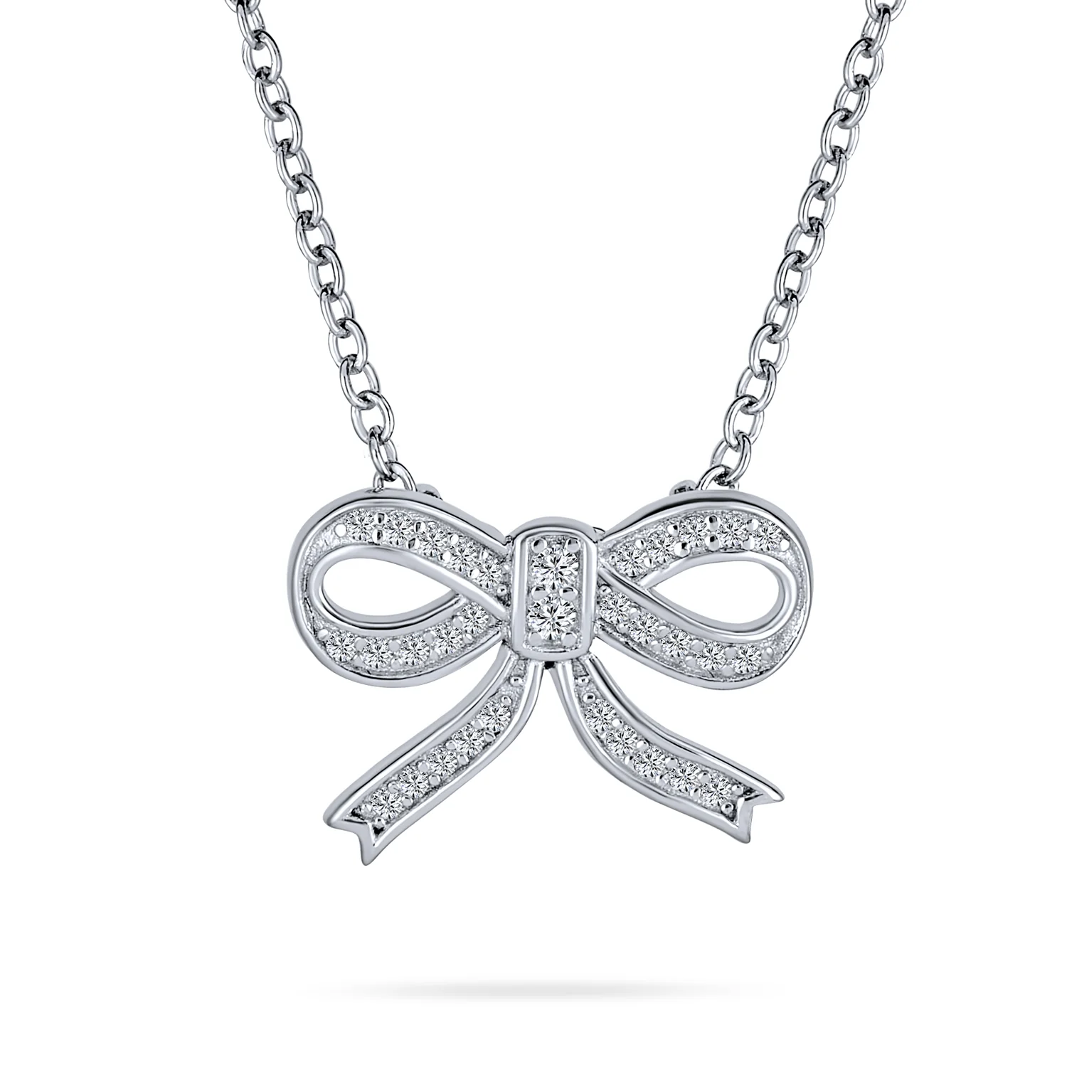 Bridal Necklace Sterling Silver CZ Ribbon Bow Pendant Romantic Holiday Gift