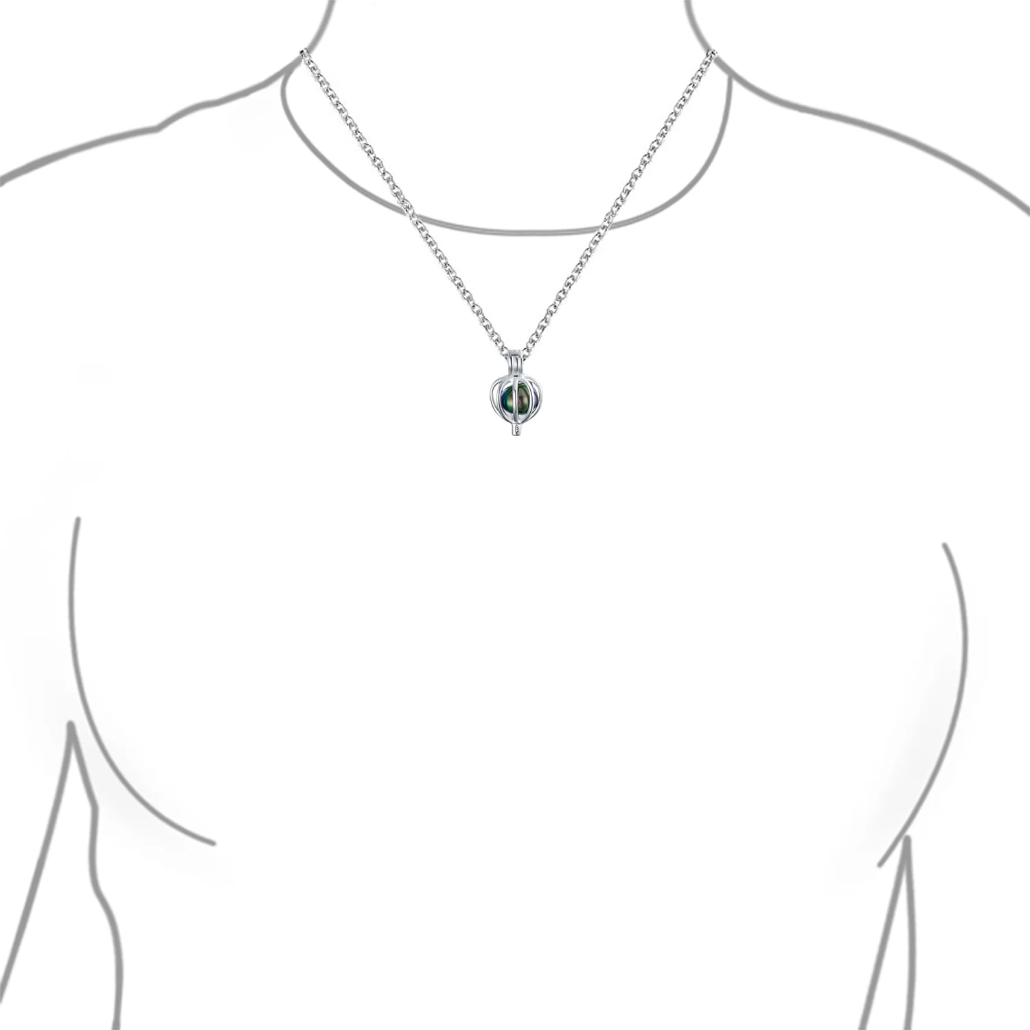 Bridal Necklace Teardrop Black Freshwater Pearl Bird Caged Pendant in Silver - Image 2