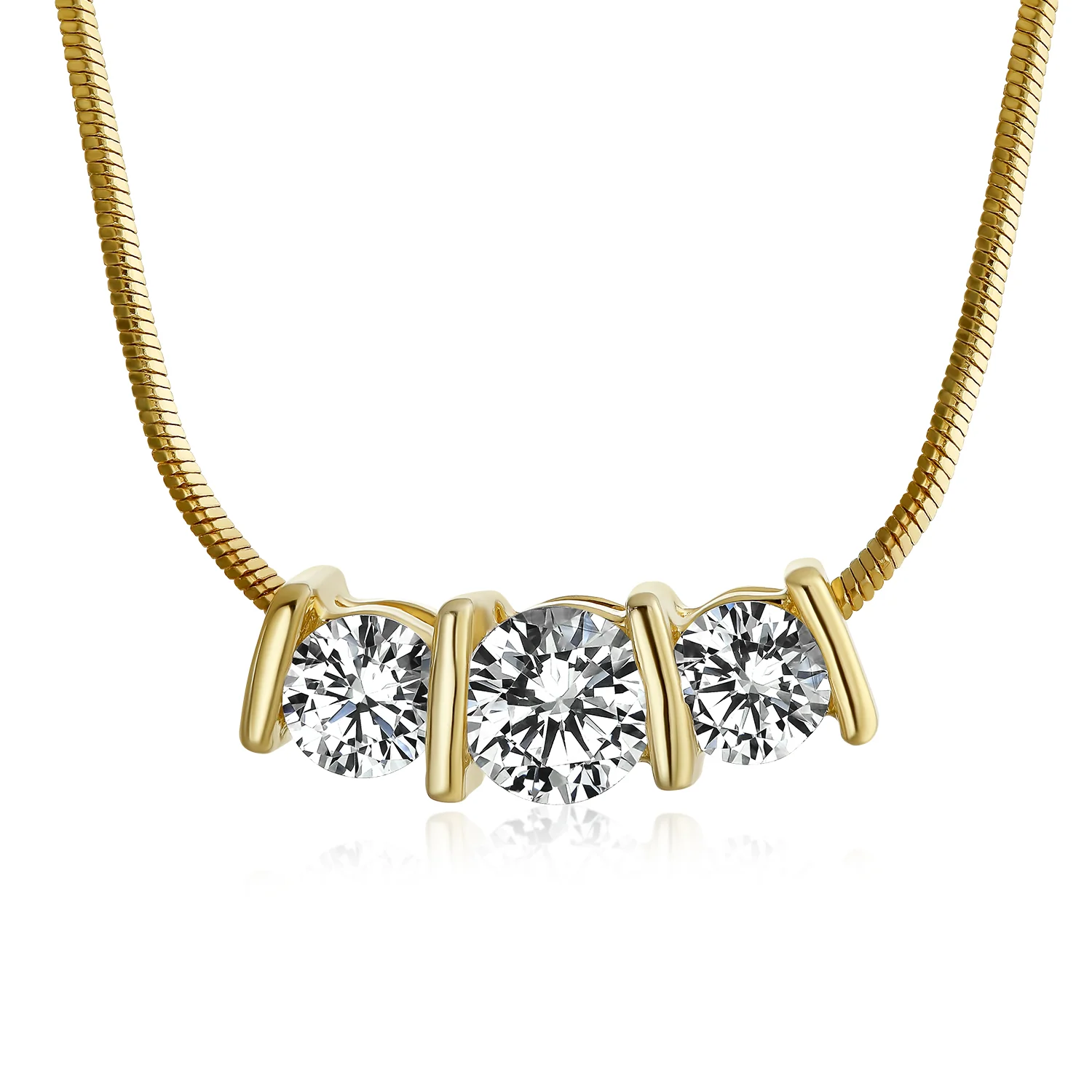 3 Stone CZ Past Present Future Solitaire Cubic Zirconia Necklace 14K Gold Plated - Image 2