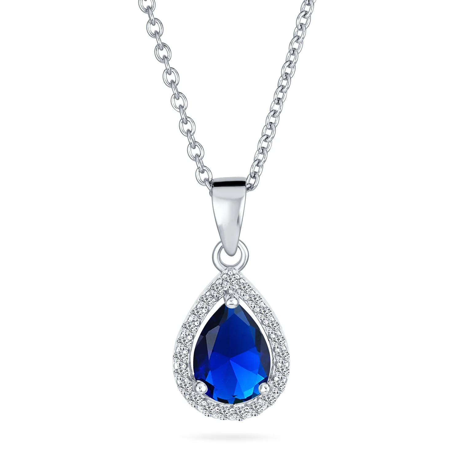 5CT Solitaire Teardrop Halo Sapphire Blue CZ Pendant Necklace Silver Plated