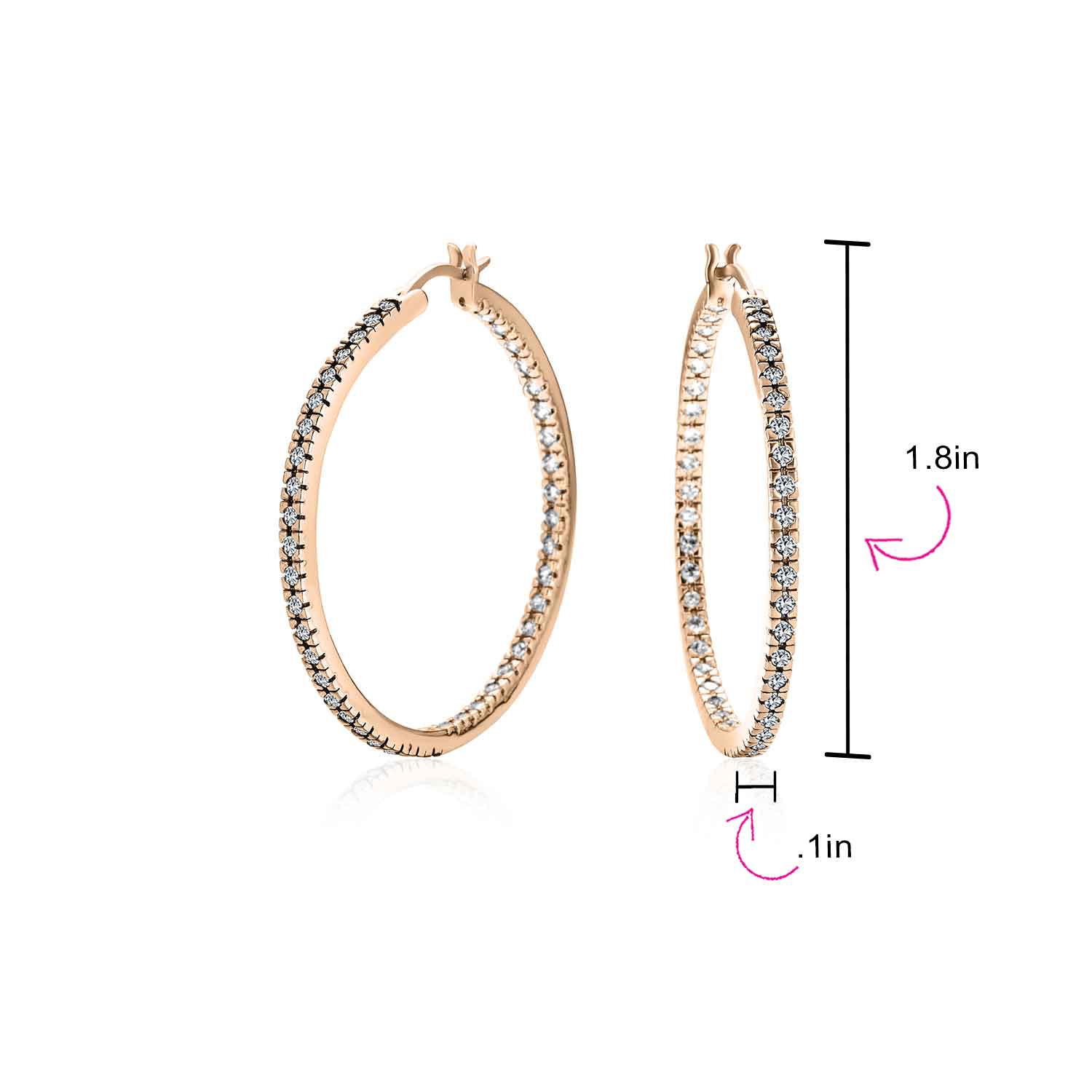 Bridal Pink White Black CZ Hoop Earrings Pave Thin Inside Out 1.75 Inch Silver - Image 10